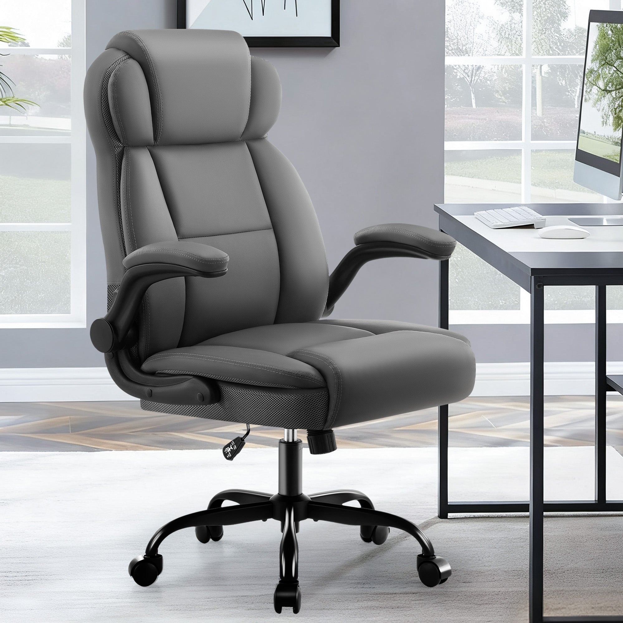 Dhole Ergonomic High-Back PU Leather Office Chair with 120° Recline & Flip-Up Arms - Home Office Desk Chair for Work, Study, Gaming, 300LBS Capacity (Black)