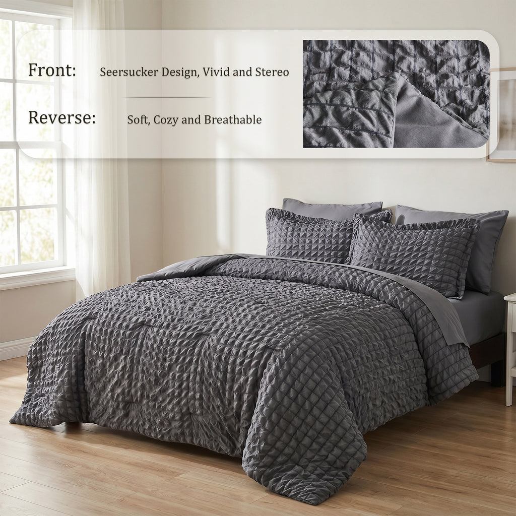 DHOLE Comforter Set 7 Pieces – Seersucker Textured Waffle Weave Bed in a Bag, All-Season Lightweight Microfiber Bedding Sets with Sheets & Pillow Shams