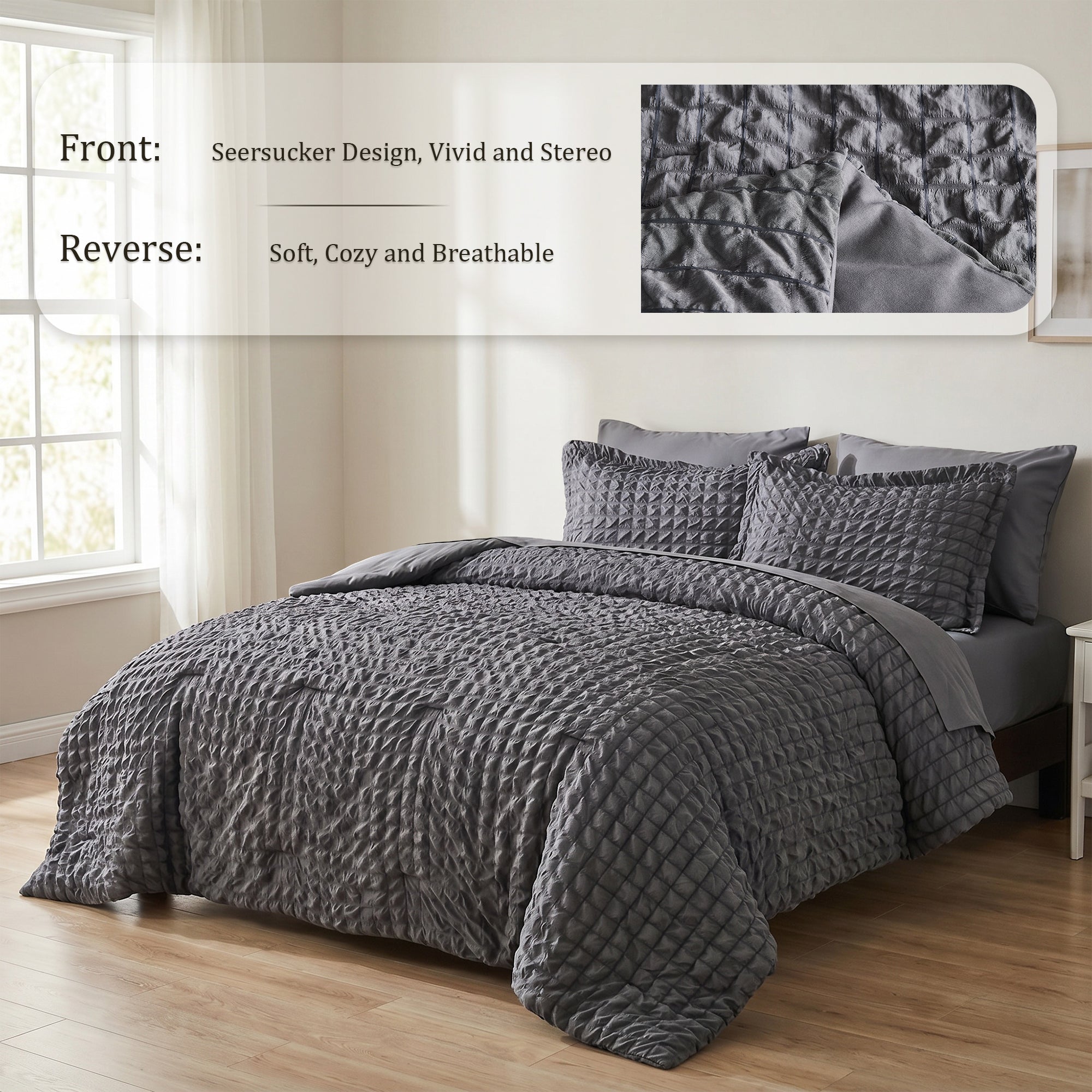 DHOLE Comforter Set 7 Pieces – Seersucker Textured Waffle Weave Bed in a Bag, All-Season Lightweight Microfiber Bedding Sets with Sheets & Pillow Shams