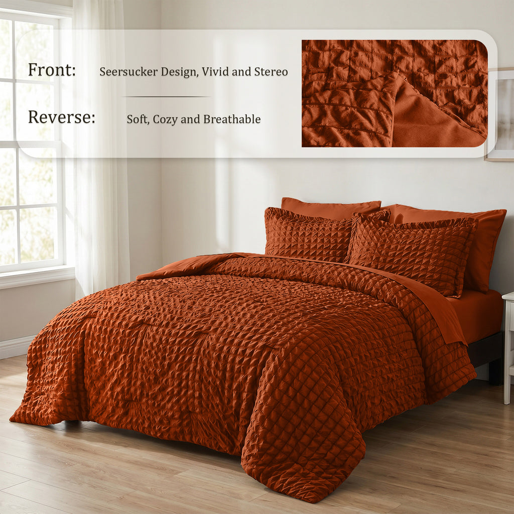 DHOLE Comforter Set 7 Pieces – Seersucker Textured Waffle Weave Bed in a Bag, All-Season Lightweight Microfiber Bedding Sets with Sheets & Pillow Shams