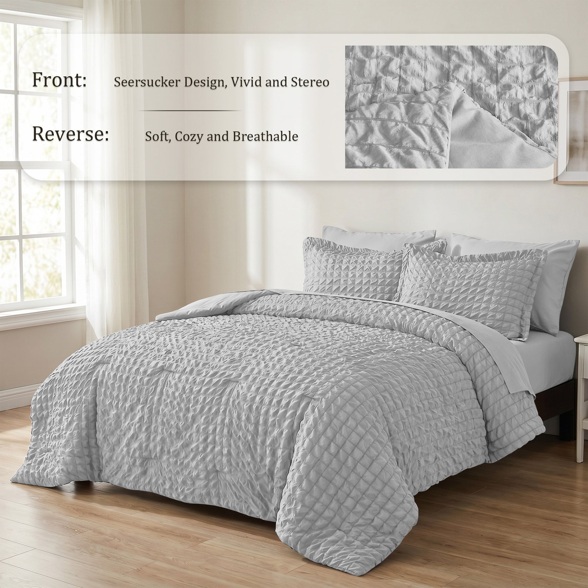 DHOLE Comforter Set 7 Pieces – Seersucker Textured Waffle Weave Bed in a Bag, All-Season Lightweight Microfiber Bedding Sets with Sheets & Pillow Shams