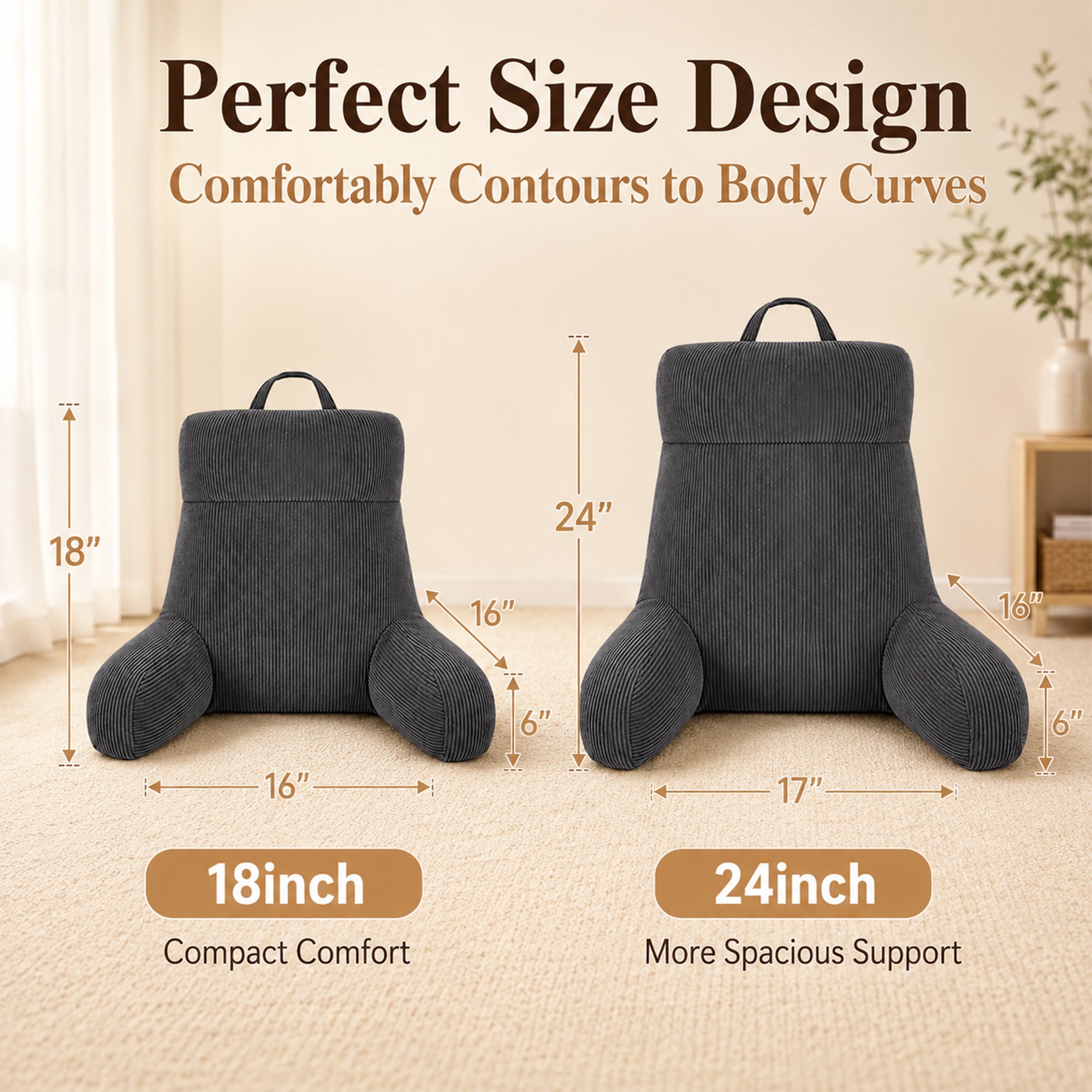 Royalbear 24 Inch Large Shredded Memory Foam Reading Pillow, Anti-Pilling Corduroy Bed Rest Pillow with Adjustable Back & Arm Support for Adults, Gray