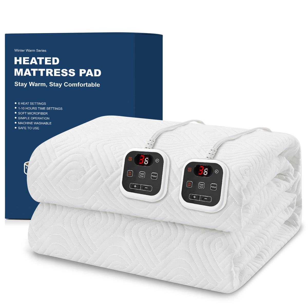 Dhole Heated Mattress Pad, Dual Control Electric Bed Warmer, 6 Heat Levels, 1-10H Auto Shut Off with Preheat & LED Controller