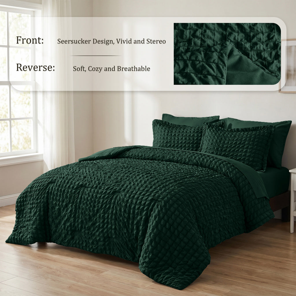 DHOLE Comforter Set 7 Pieces – Seersucker Textured Waffle Weave Bed in a Bag, All-Season Lightweight Microfiber Bedding Sets with Sheets & Pillow Shams