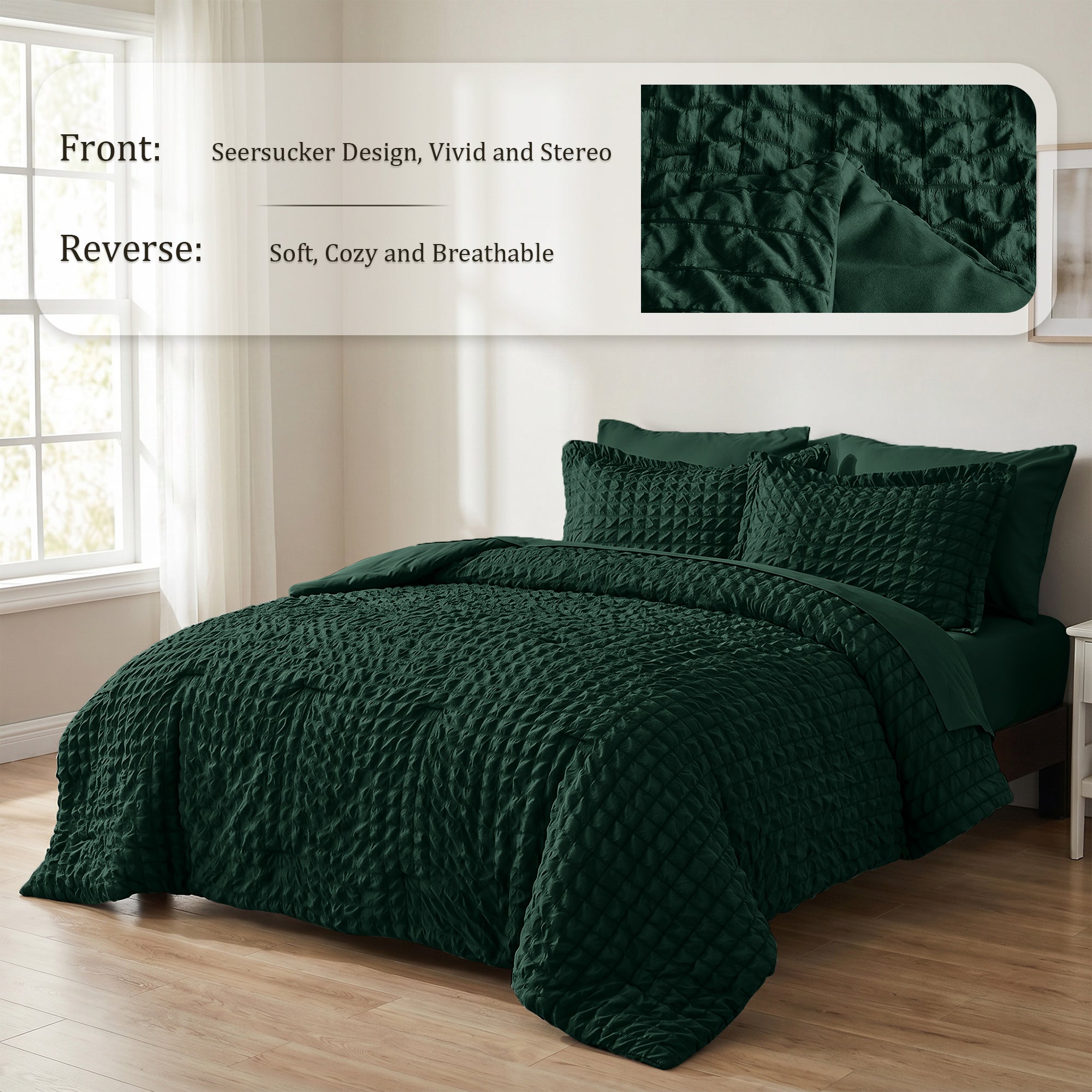 DHOLE Comforter Set 7 Pieces – Seersucker Textured Waffle Weave Bed in a Bag, All-Season Lightweight Microfiber Bedding Sets with Sheets & Pillow Shams