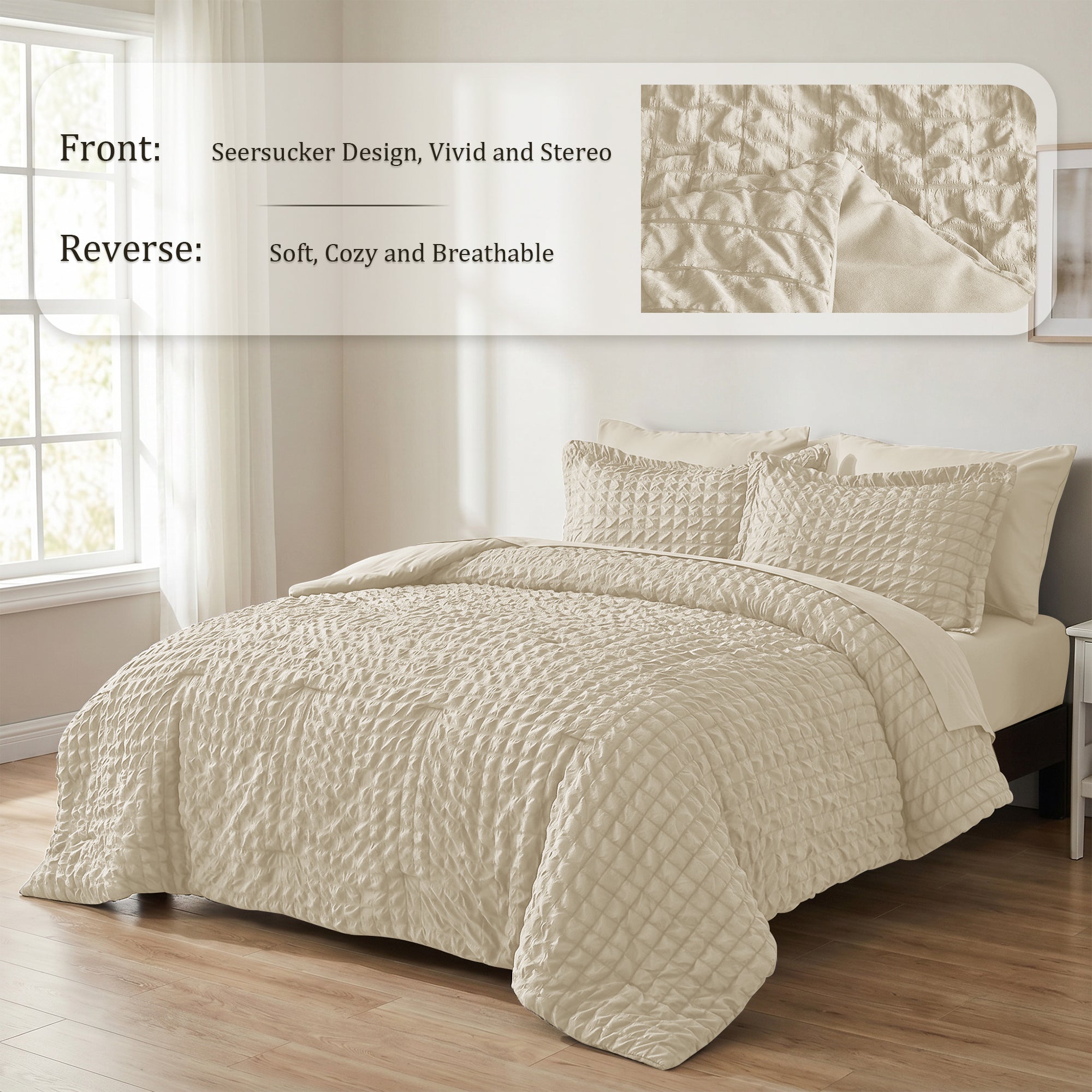 DHOLE Comforter Set 7 Pieces – Seersucker Textured Waffle Weave Bed in a Bag, All-Season Lightweight Microfiber Bedding Sets with Sheets & Pillow Shams