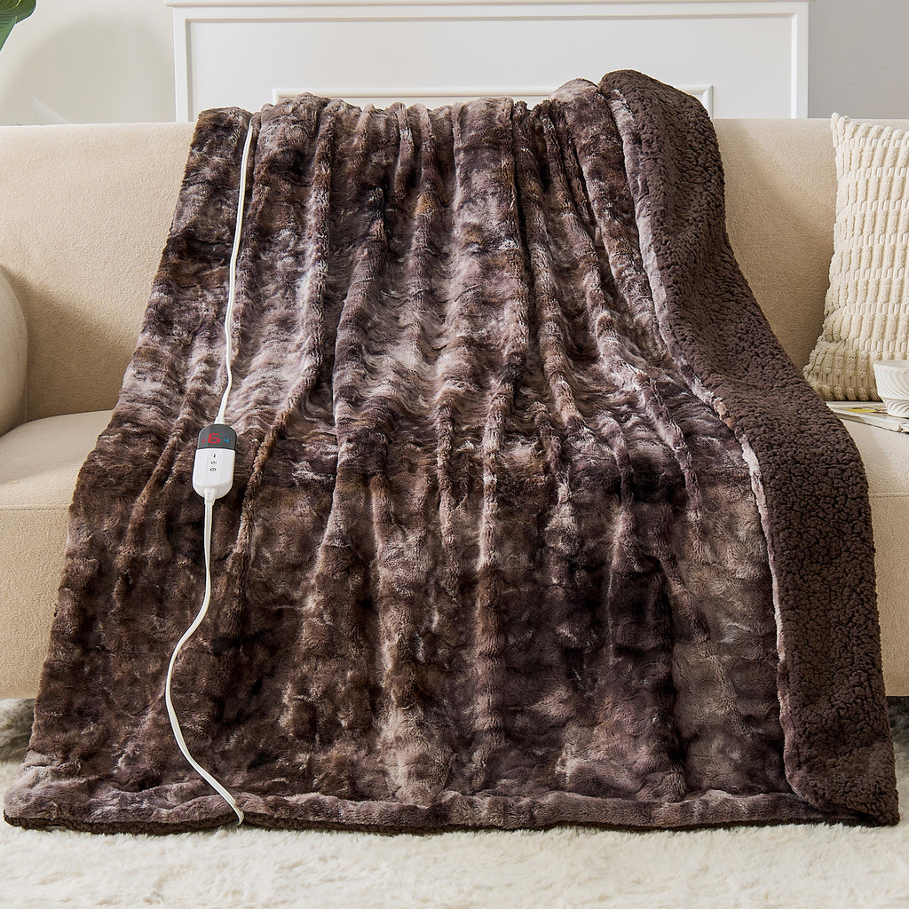 Dhole Heated Blanket Electric Throw - 50"x60" Heating Blanket Throw 4 Hours Auto-Off 6 Heat Level Over-Heat Protection Luxury Faux Fur Sherpa ETL Certification