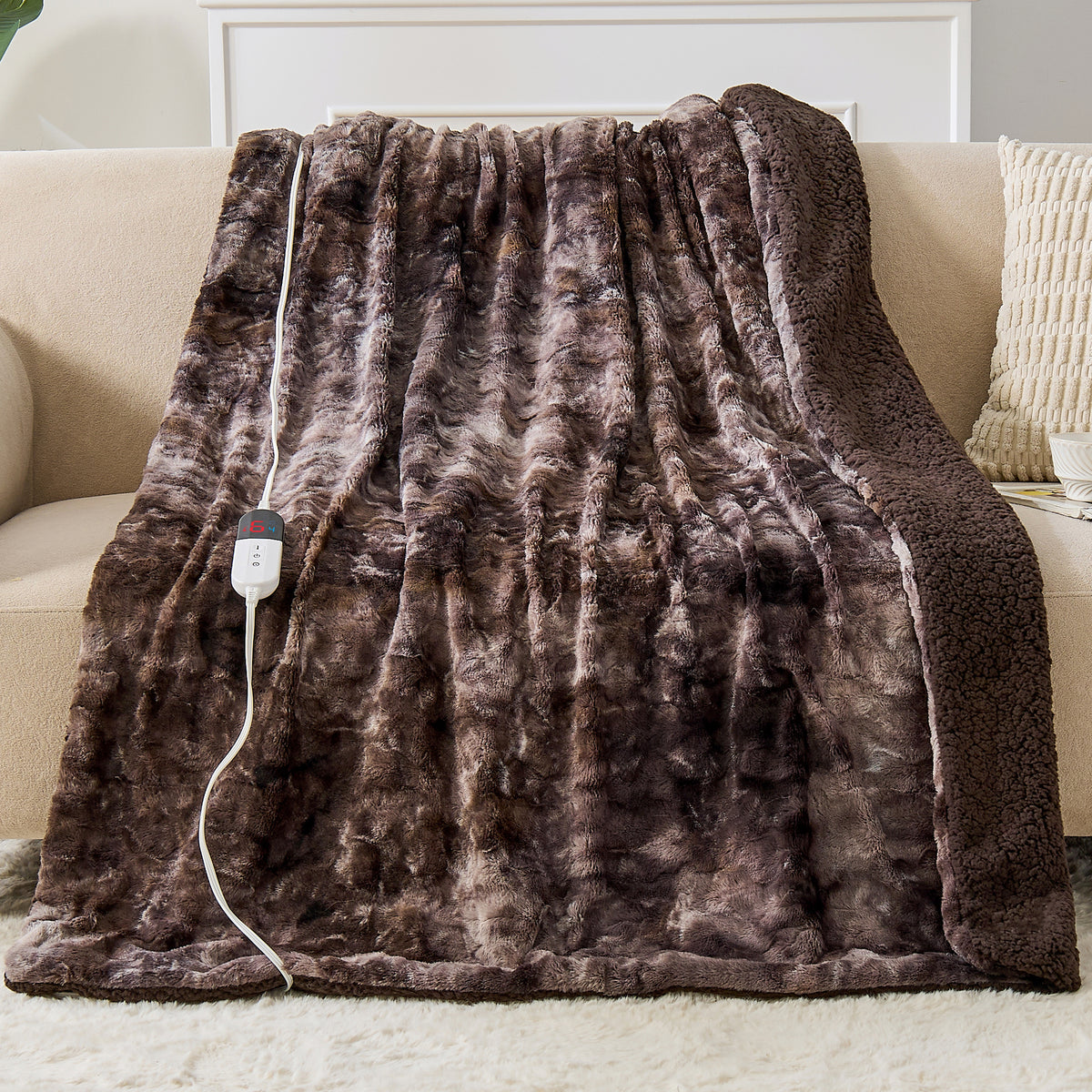 Dhole Heated Blanket Electric Throw - 50"x60" Heating Blanket Throw 4 Hours Auto-Off 6 Heat Level Over-Heat Protection Luxury Faux Fur Sherpa ETL Certification