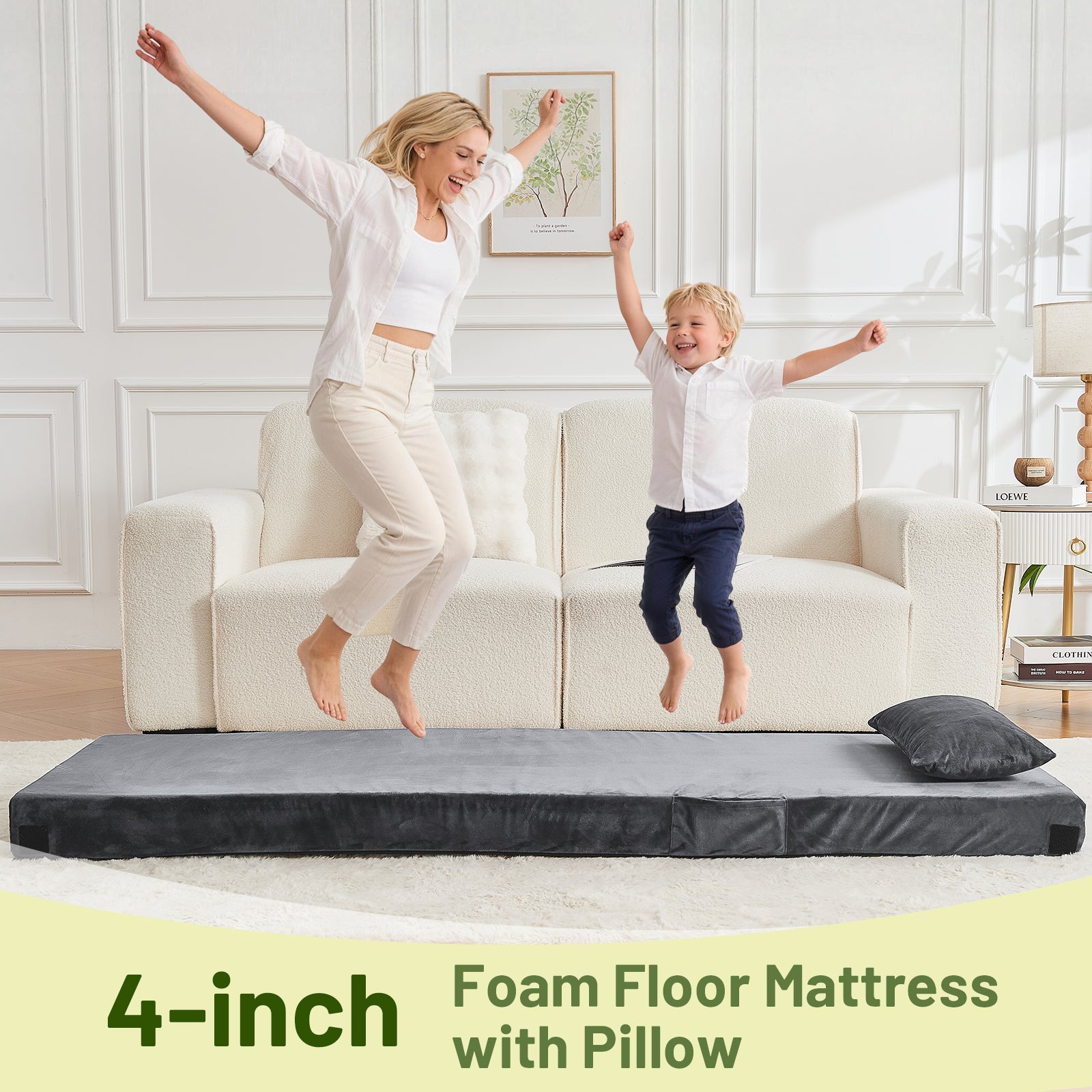 DHOLE 4 Inch Gel Memory Foam Camping Mattress, CertiPUR-US Certified Thick Sleeping Pad, Waterproof & Soft Fleece Top, Portable Roll-Up Mat with Multi-Function Storage Bag & Pillow for Tent Camping