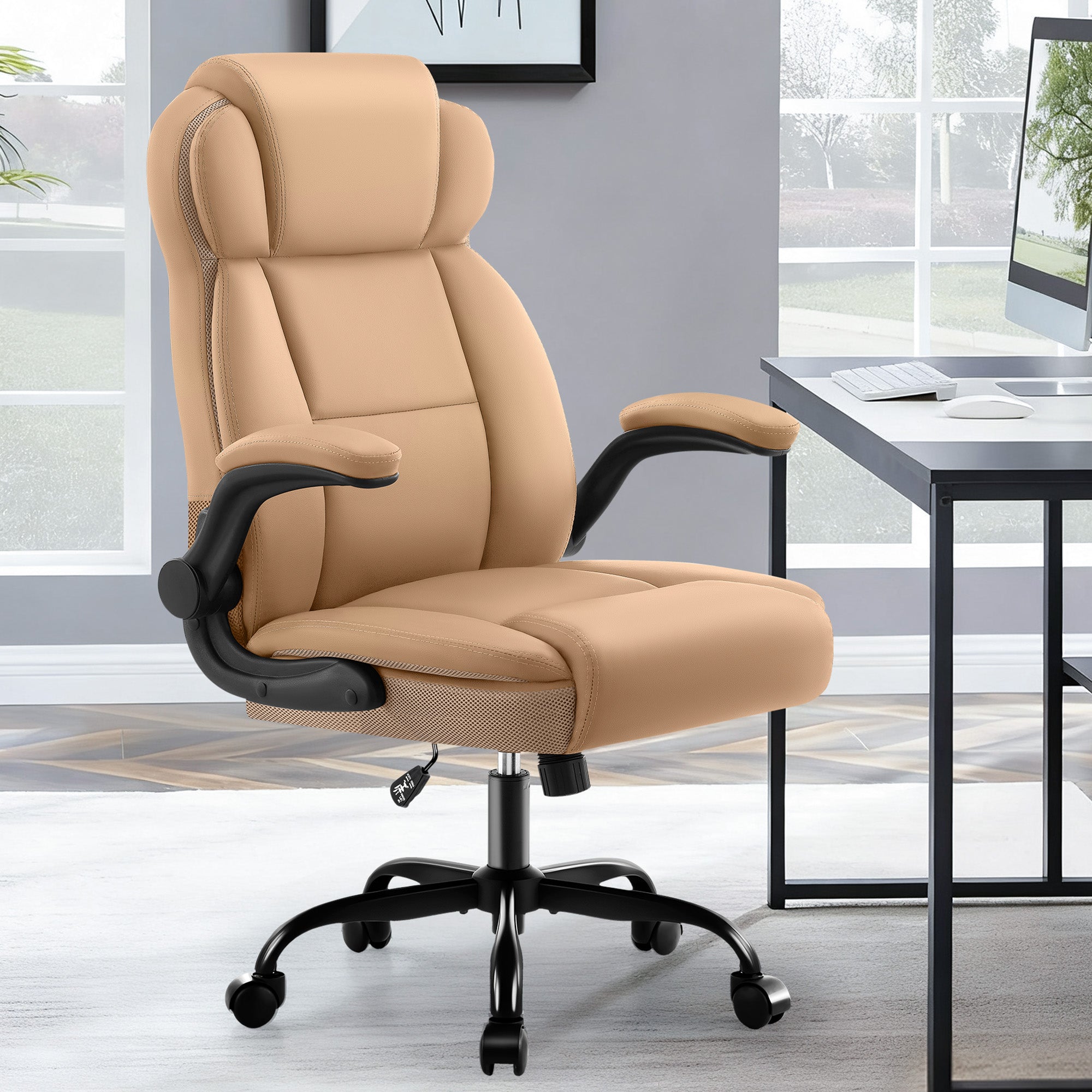 Dhole Ergonomic High-Back PU Leather Office Chair with 120° Recline & Flip-Up Arms - Home Office Desk Chair for Work, Study, Gaming, 300LBS Capacity (Black)