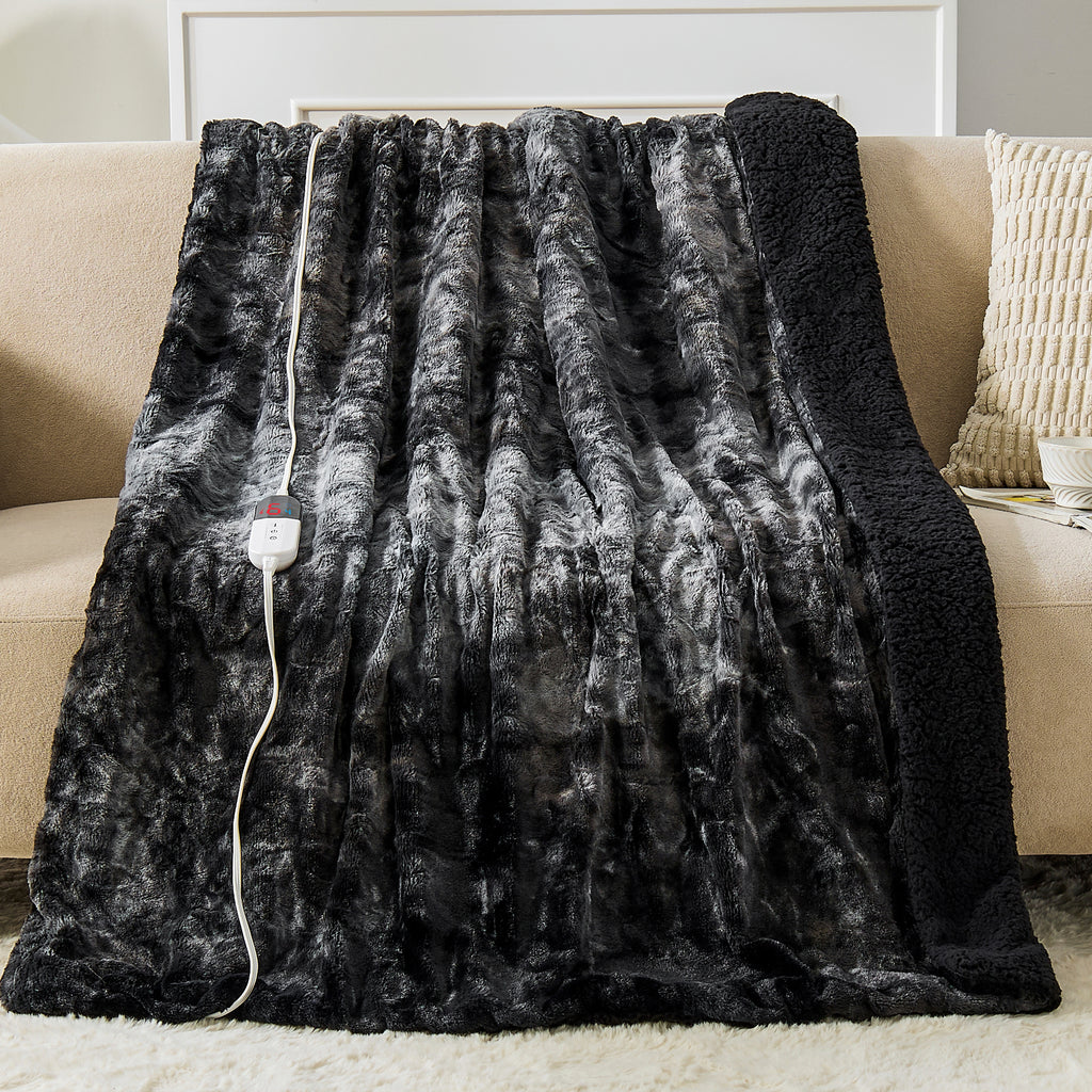 Dhole Heated Blanket Electric Throw - 50"x60" Heating Blanket Throw 4 Hours Auto-Off 6 Heat Level Over-Heat Protection Luxury Faux Fur Sherpa ETL Certification