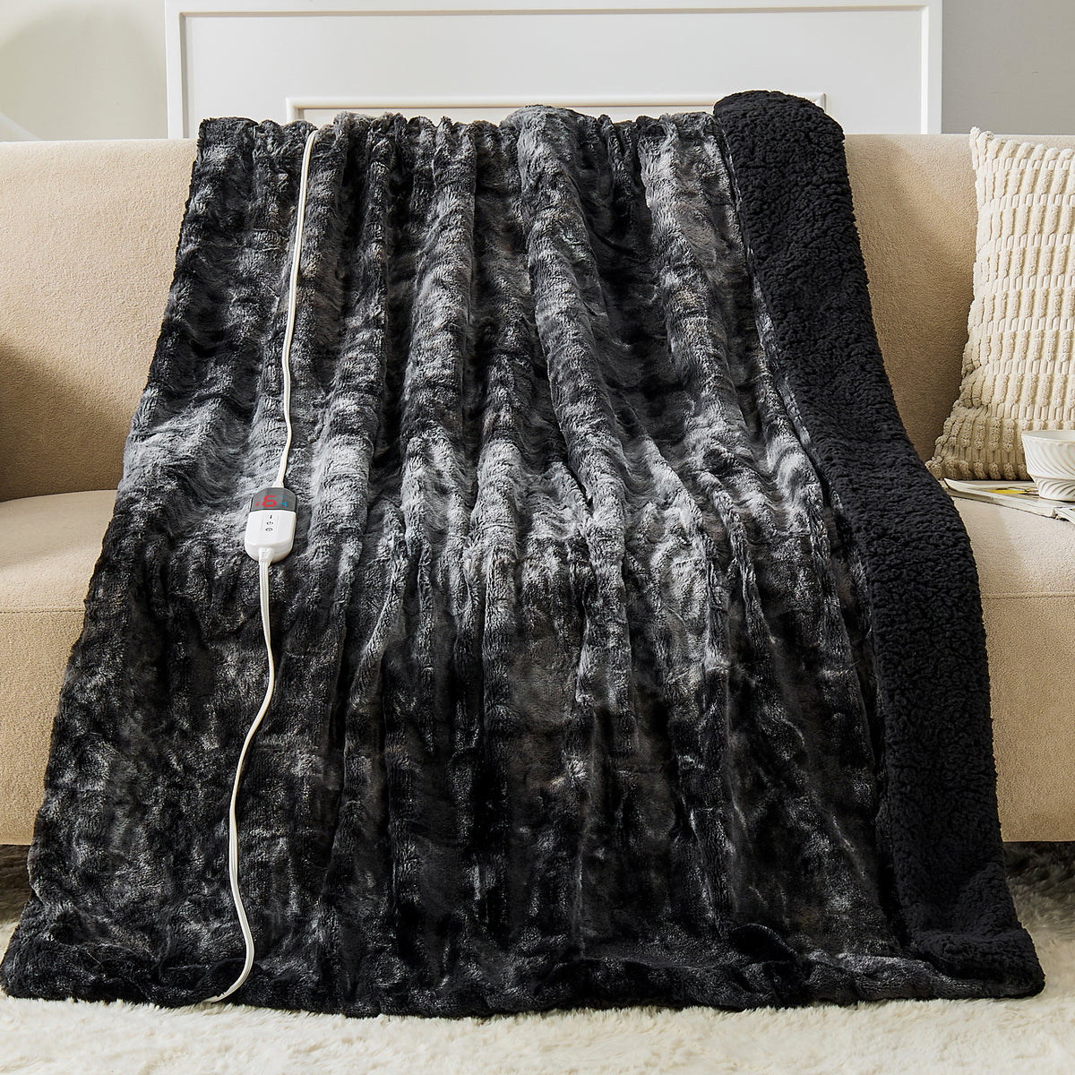 Dhole Heated Blanket Electric Throw - 50"x60" Heating Blanket Throw 4 Hours Auto-Off 6 Heat Level Over-Heat Protection Luxury Faux Fur Sherpa ETL Certification