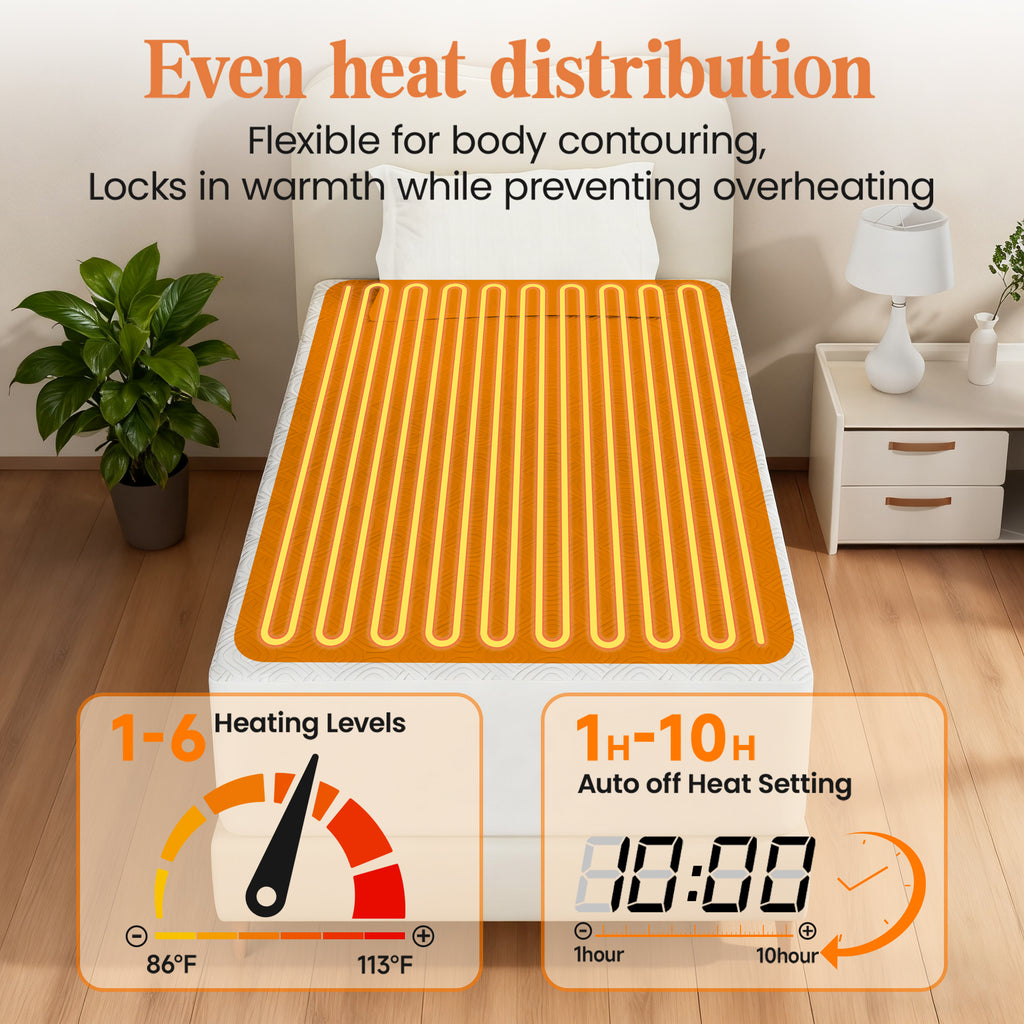 Dhole Heated Mattress Pad, Dual Control Electric Bed Warmer, 6 Heat Levels, 1-10H Auto Shut Off with Preheat & LED Controller