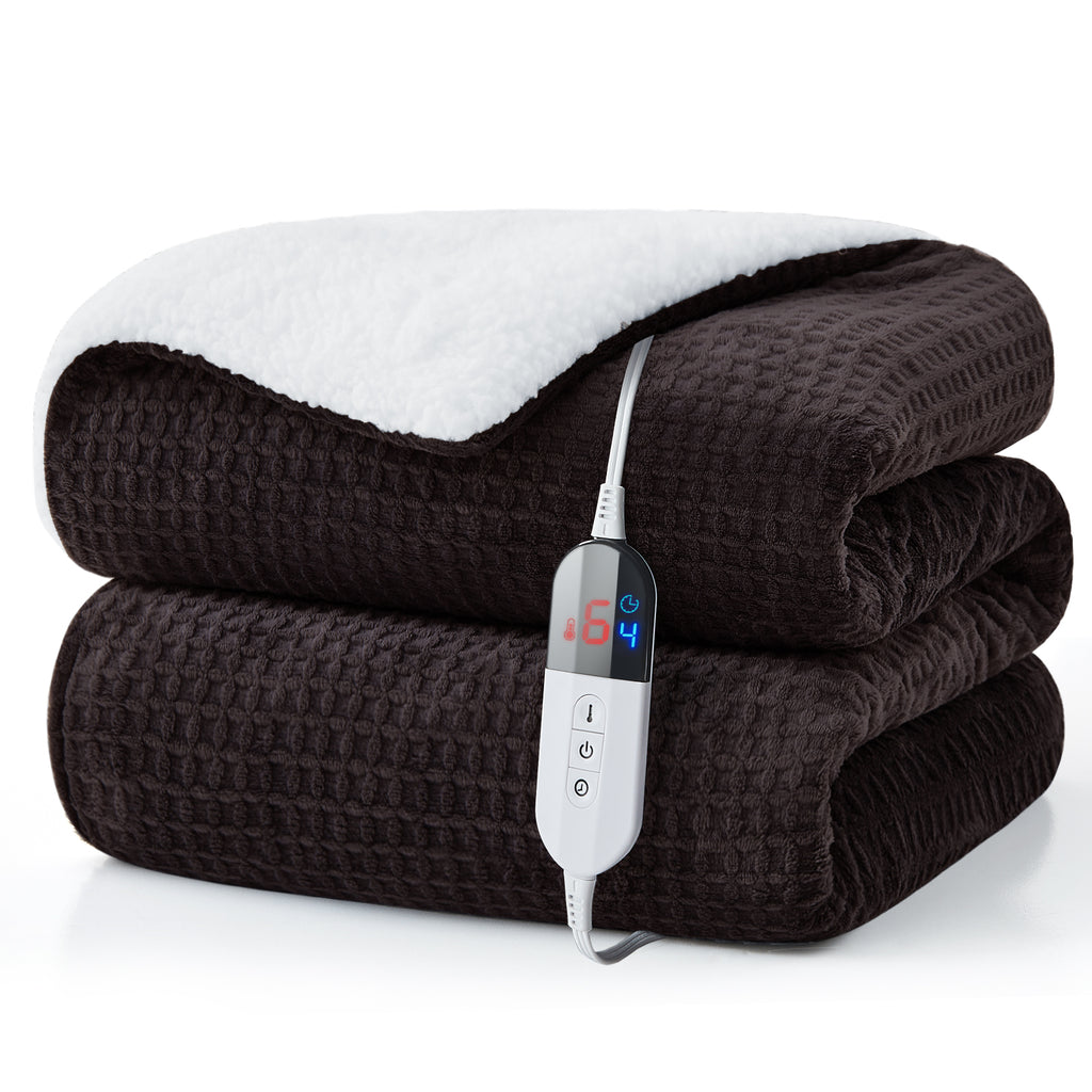 Dhole Heated Blanket Electric Blanket Throw Waffle, 50x60 Inches，Sherpa Fleece Fast Heating Blanket 6 Heating Levels & 4 Hours Auto Off ETL Certification