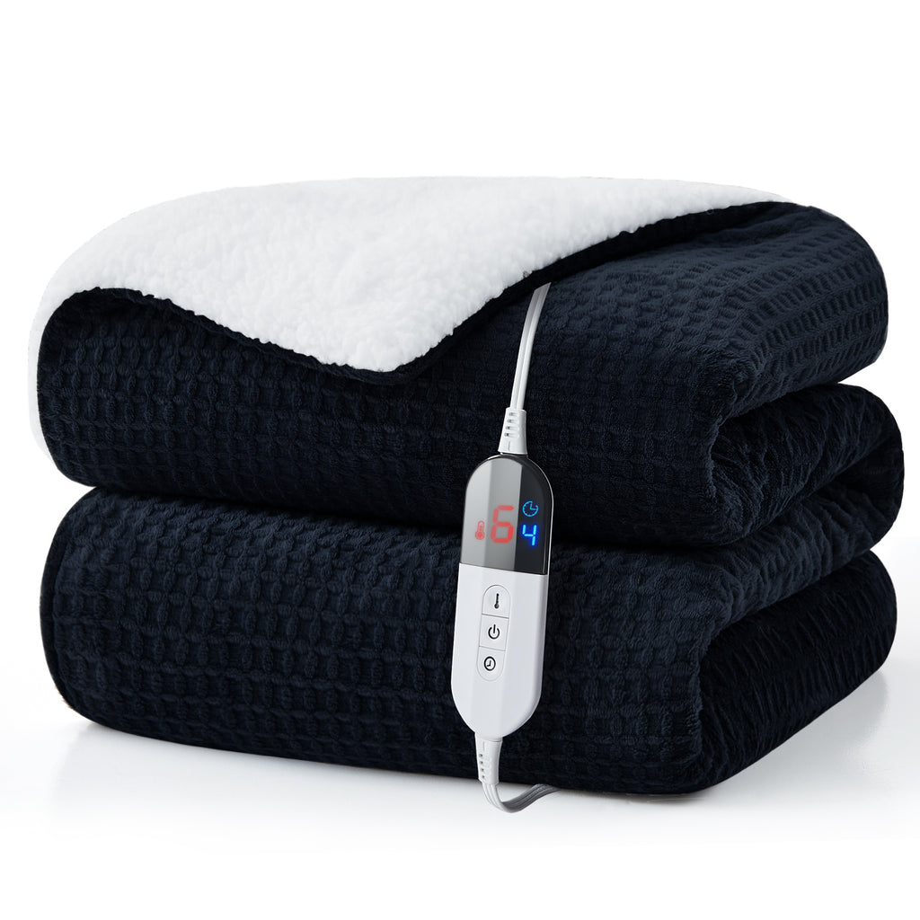 Dhole Heated Blanket Electric Blanket Throw Waffle, 50x60 Inches，Sherpa Fleece Fast Heating Blanket 6 Heating Levels & 4 Hours Auto Off ETL Certification