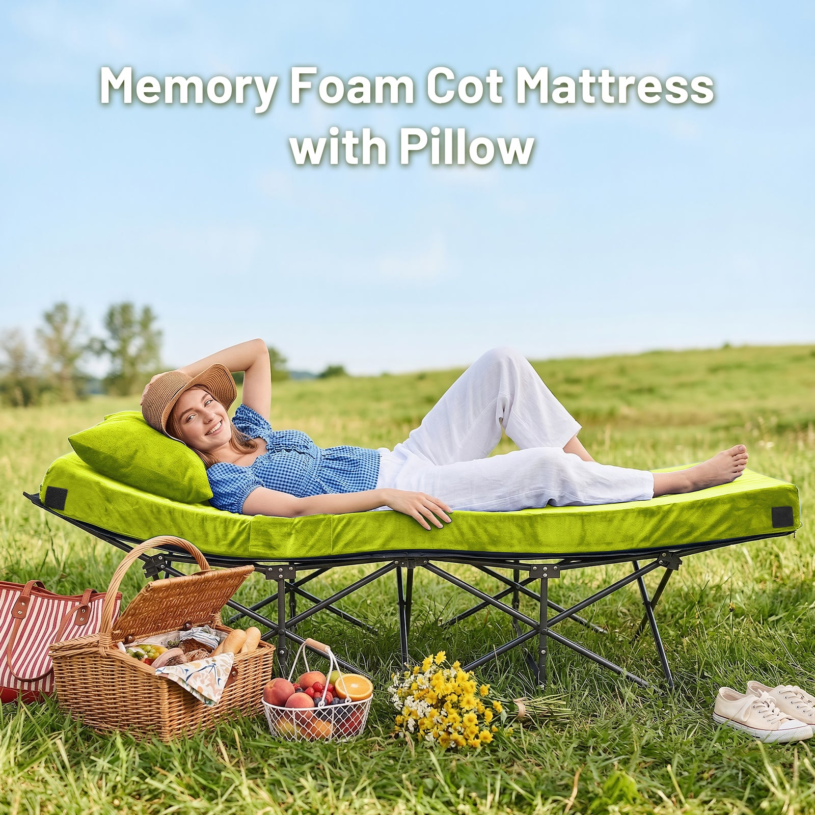 DHOLE 4 Inch Gel Memory Foam Camping Mattress, CertiPUR-US Certified Thick Sleeping Pad, Waterproof & Soft Fleece Top, Portable Roll-Up Mat with Multi-Function Storage Bag & Pillow for Tent Camping