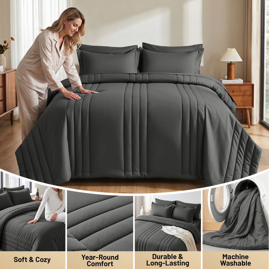 Dhole 7-Piece Bed in Bag - Striped Comforter Sets, Pillowcases & Sheet Collection for Cozy Bedding Sets