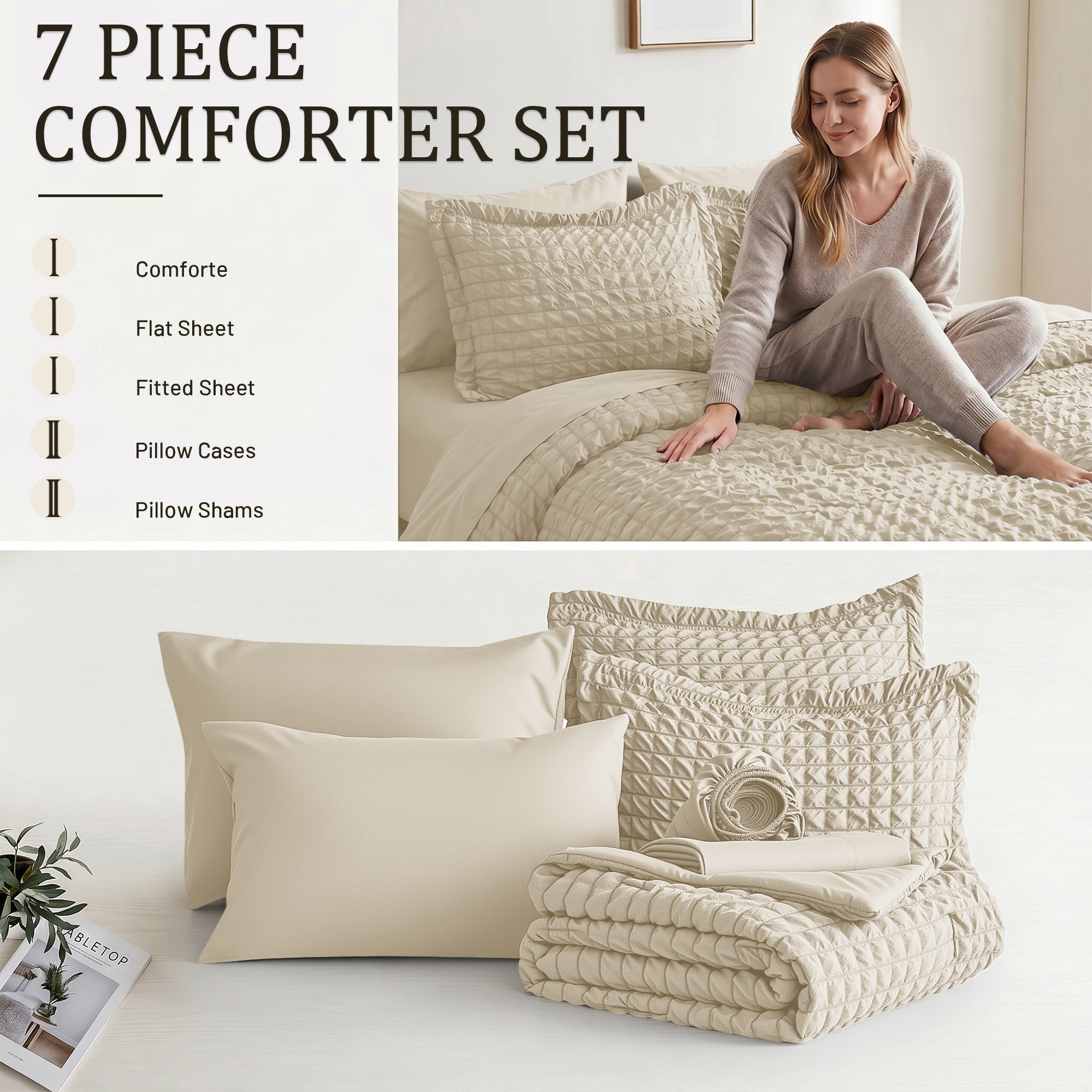 DHOLE Comforter Set 7 Pieces – Seersucker Textured Waffle Weave Bed in a Bag, All-Season Lightweight Microfiber Bedding Sets with Sheets & Pillow Shams