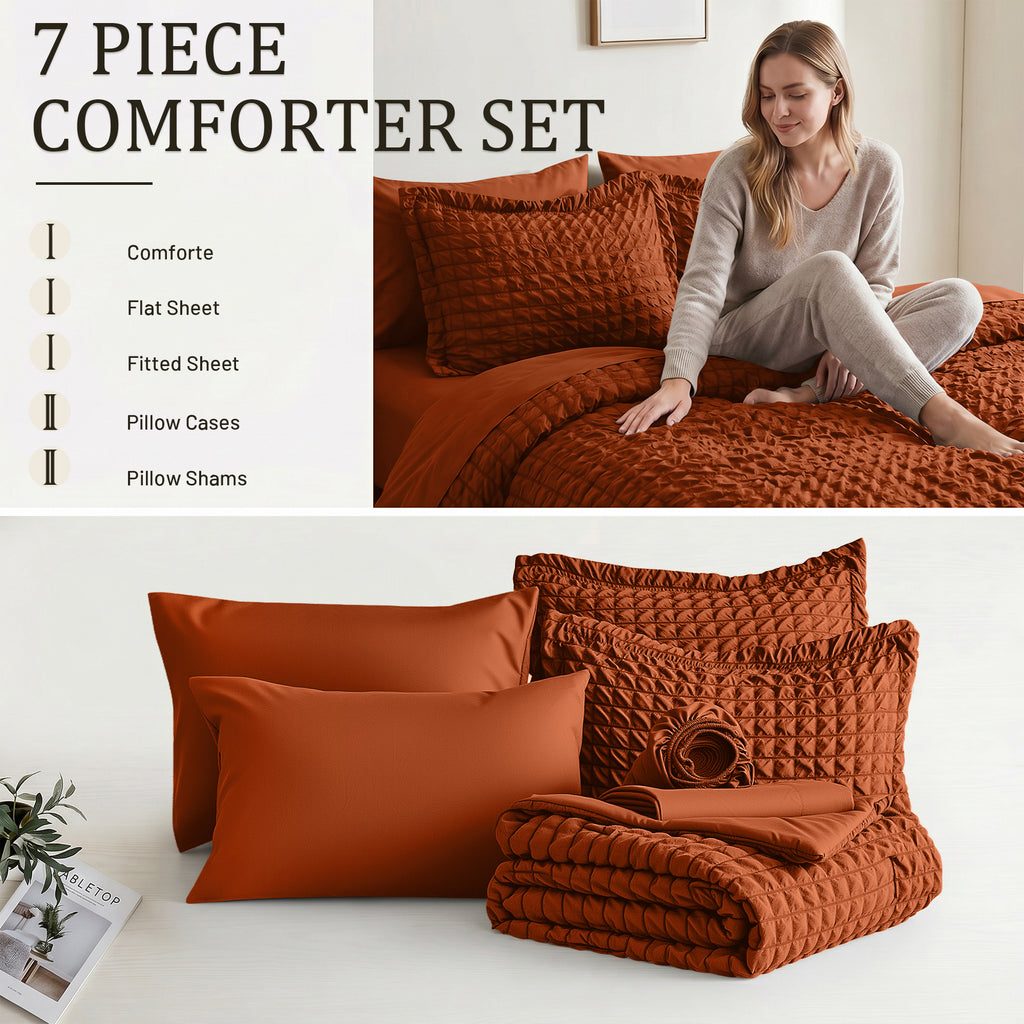 DHOLE Comforter Set 7 Pieces – Seersucker Textured Waffle Weave Bed in a Bag, All-Season Lightweight Microfiber Bedding Sets with Sheets & Pillow Shams