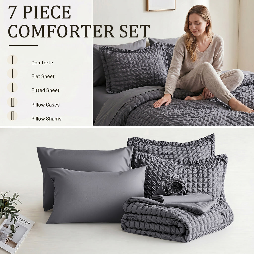 DHOLE Comforter Set 7 Pieces – Seersucker Textured Waffle Weave Bed in a Bag, All-Season Lightweight Microfiber Bedding Sets with Sheets & Pillow Shams