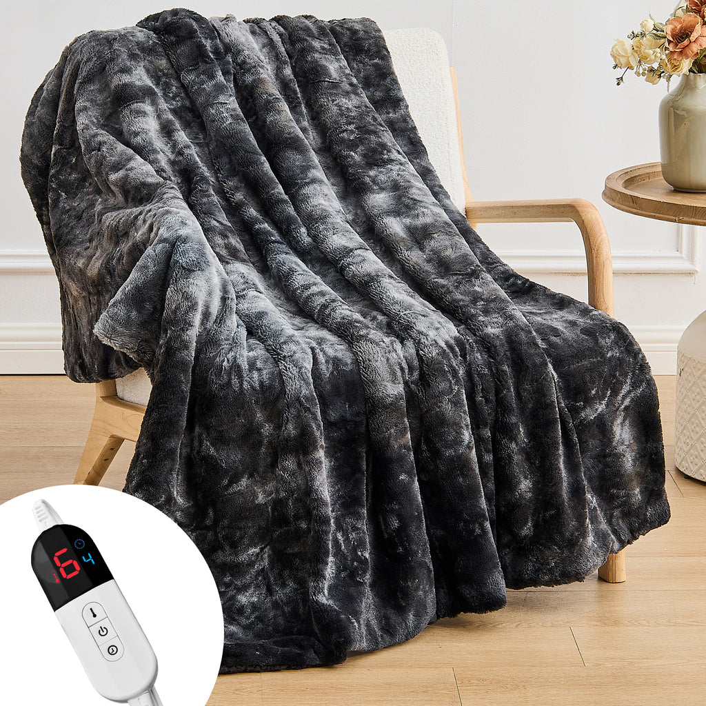 Dhole Heated Blanket Electric Throw - 50"x60" Heating Blanket Throw 4 Hours Auto-Off 6 Heat Level Over-Heat Protection Luxury Faux Fur Sherpa ETL Certification