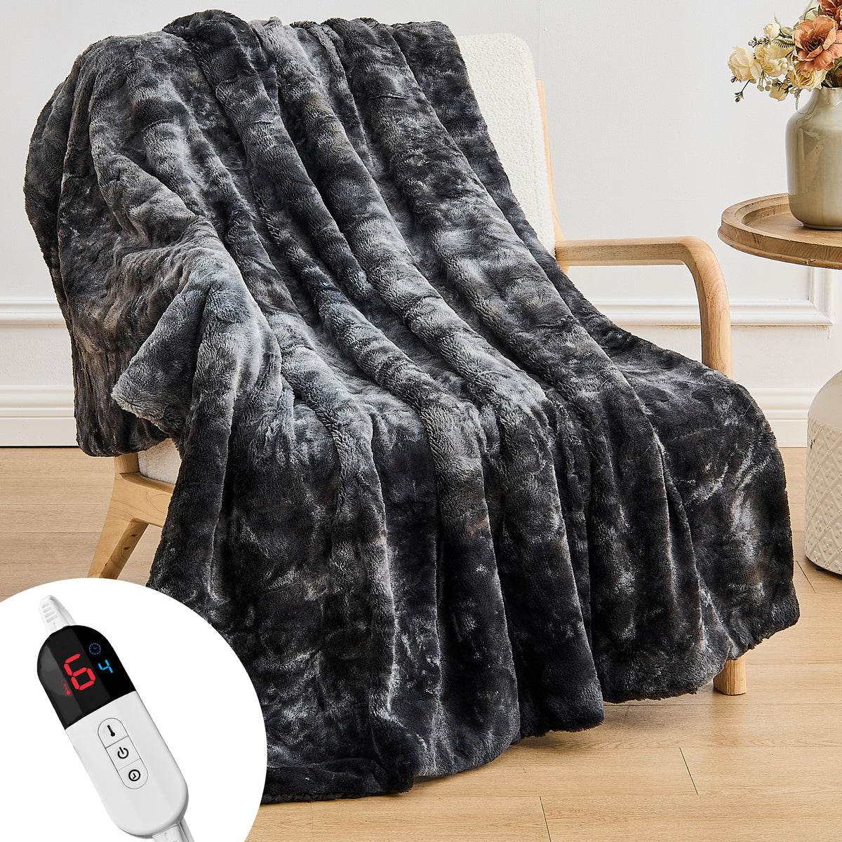 Dhole Heated Blanket Electric Throw - 50"x60" Heating Blanket Throw 4 Hours Auto-Off 6 Heat Level Over-Heat Protection Luxury Faux Fur Sherpa ETL Certification