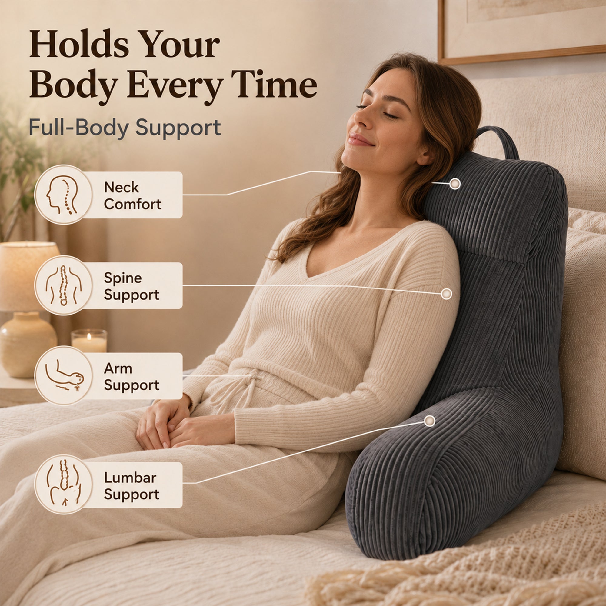 Royalbear 24 Inch Large Shredded Memory Foam Reading Pillow, Anti-Pilling Corduroy Bed Rest Pillow with Adjustable Back & Arm Support for Adults, Gray