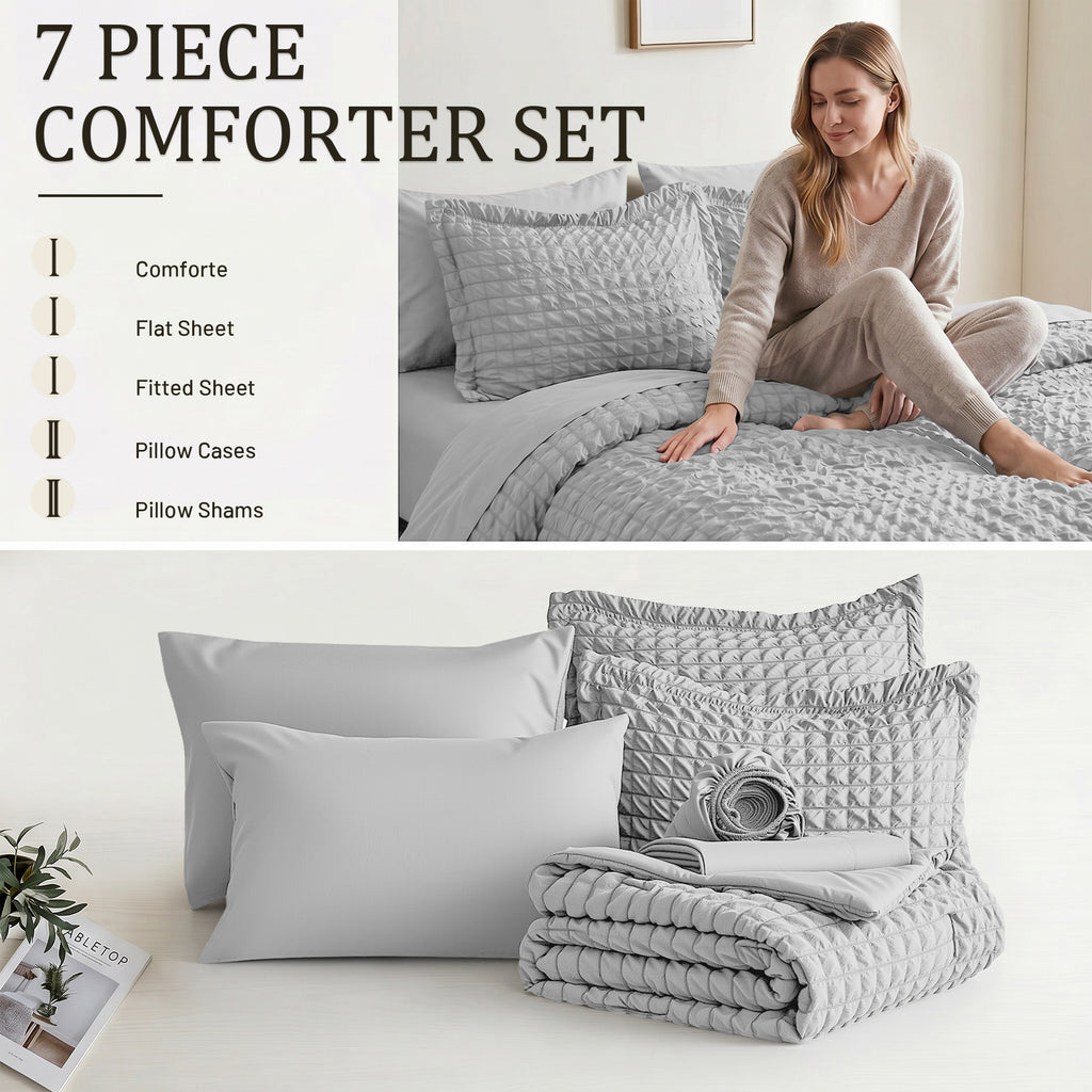 DHOLE Comforter Set 7 Pieces – Seersucker Textured Waffle Weave Bed in a Bag, All-Season Lightweight Microfiber Bedding Sets with Sheets & Pillow Shams
