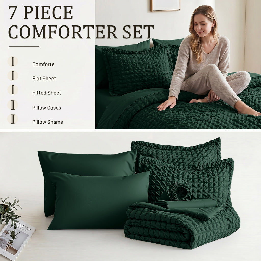 DHOLE Comforter Set 7 Pieces – Seersucker Textured Waffle Weave Bed in a Bag, All-Season Lightweight Microfiber Bedding Sets with Sheets & Pillow Shams