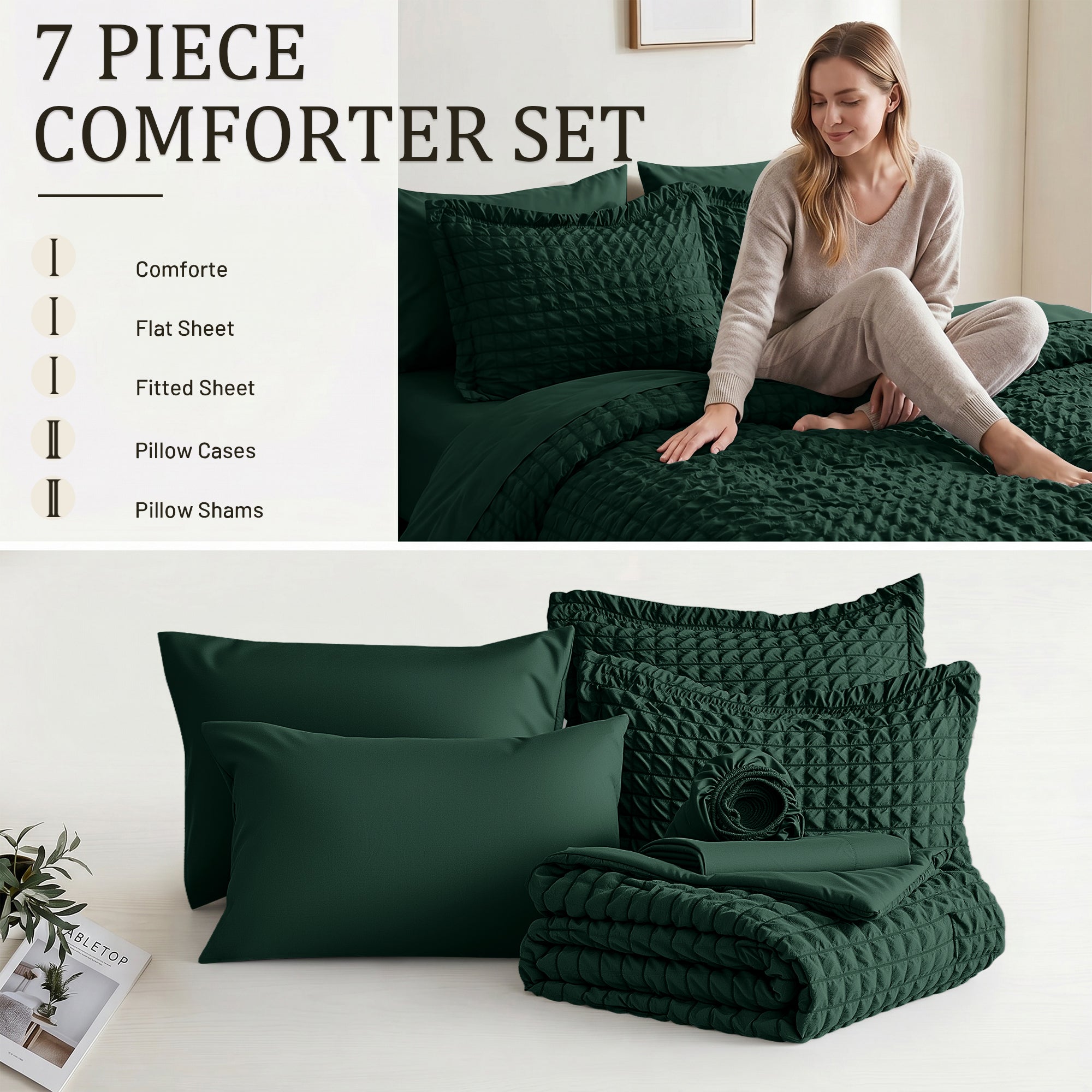 DHOLE Comforter Set 7 Pieces – Seersucker Textured Waffle Weave Bed in a Bag, All-Season Lightweight Microfiber Bedding Sets with Sheets & Pillow Shams