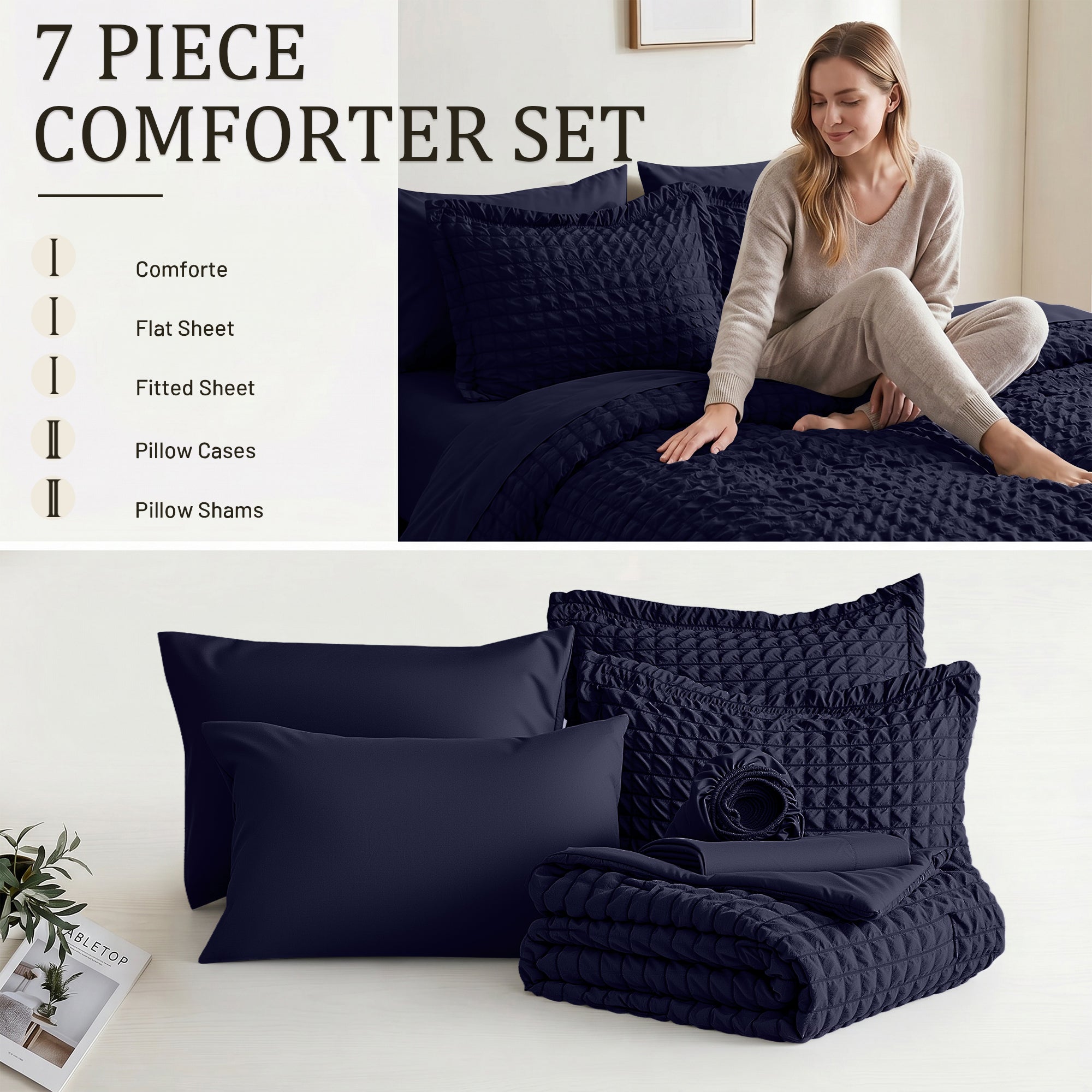DHOLE Comforter Set 7 Pieces – Seersucker Textured Waffle Weave Bed in a Bag, All-Season Lightweight Microfiber Bedding Sets with Sheets & Pillow Shams