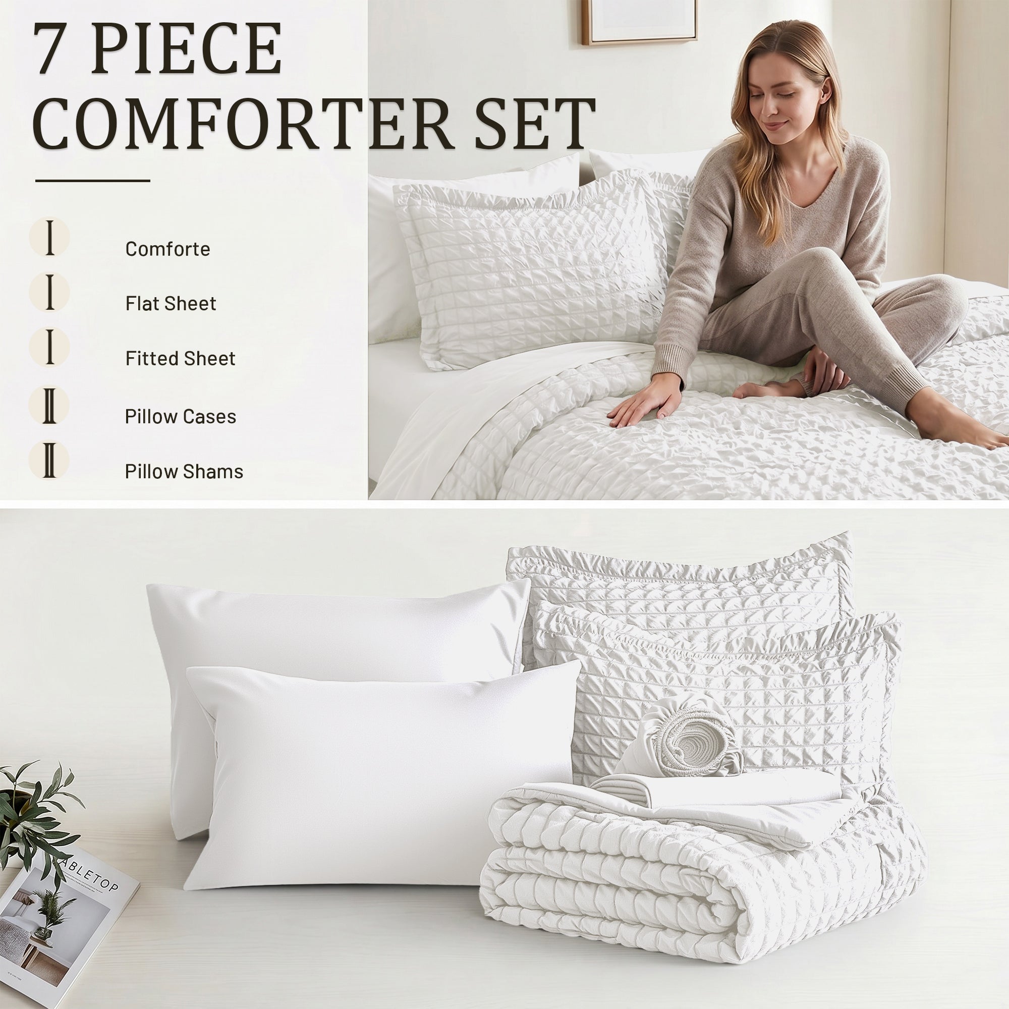 DHOLE Comforter Set 7 Pieces – Seersucker Textured Waffle Weave Bed in a Bag, All-Season Lightweight Microfiber Bedding Sets with Sheets & Pillow Shams