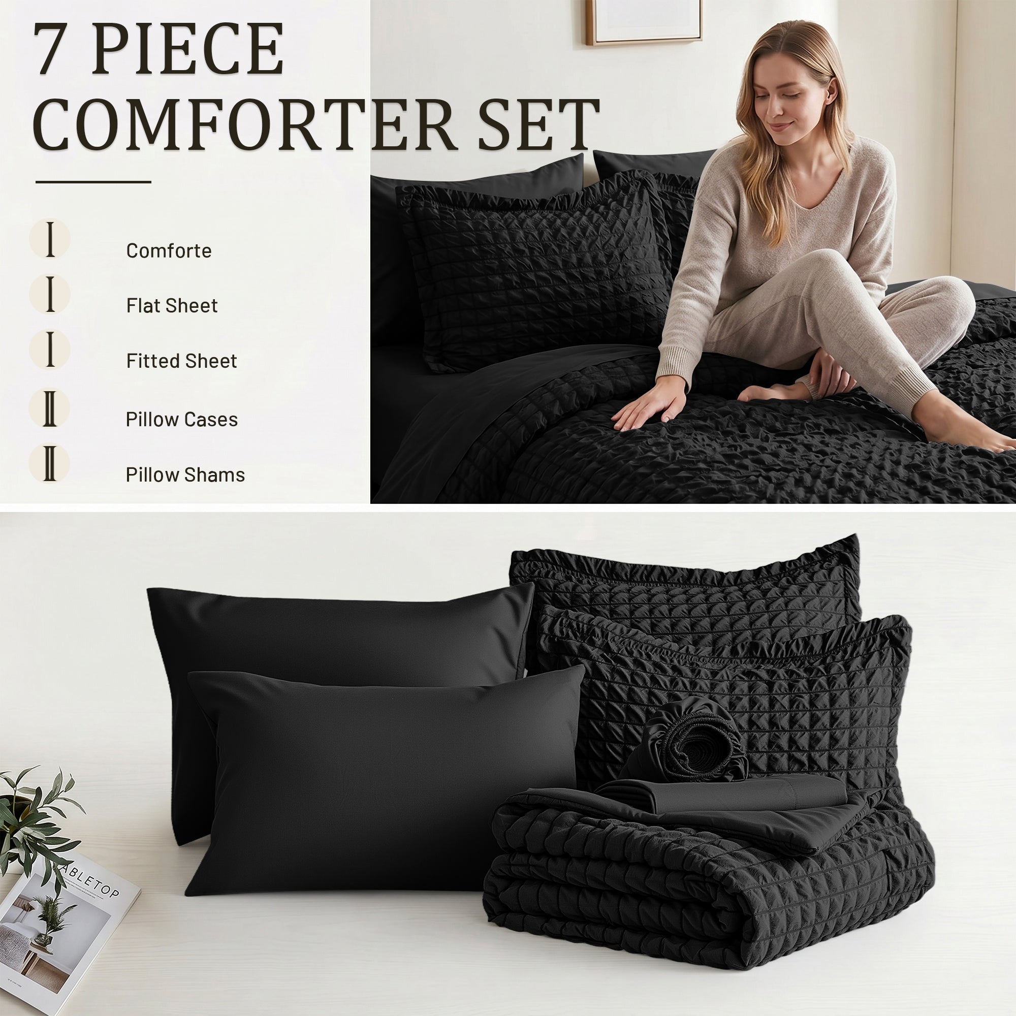 DHOLE Comforter Set 7 Pieces – Seersucker Textured Waffle Weave Bed in a Bag, All-Season Lightweight Microfiber Bedding Sets with Sheets & Pillow Shams