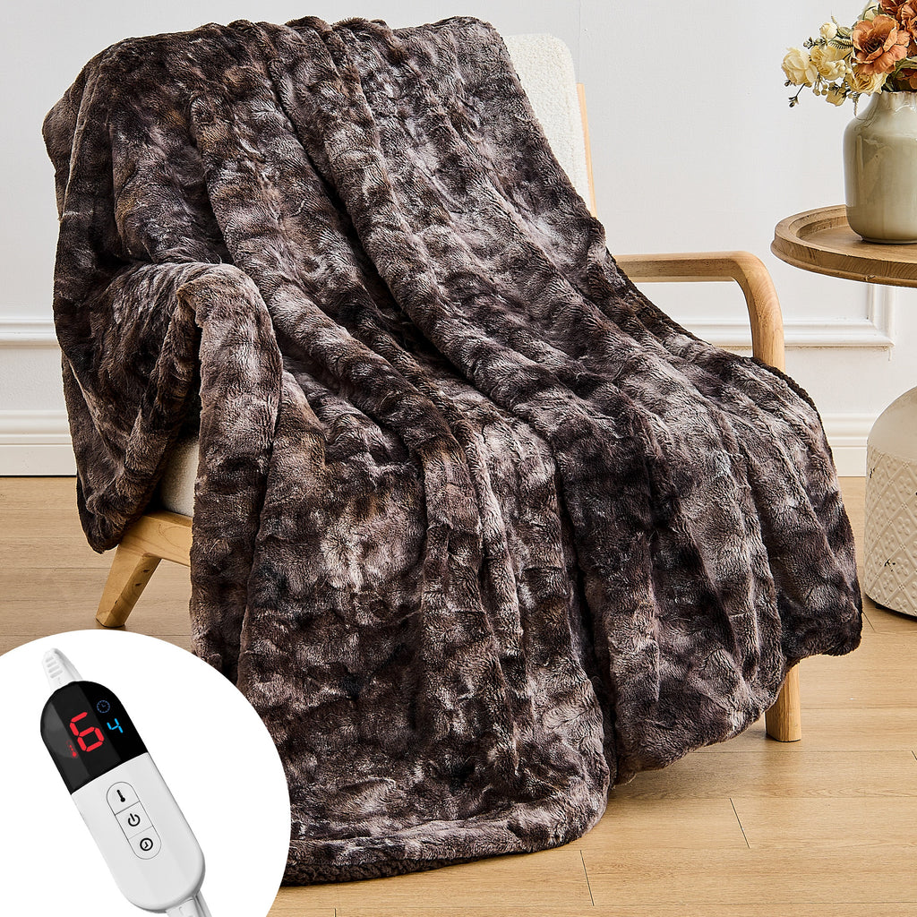 Dhole Heated Blanket Electric Throw - 50"x60" Heating Blanket Throw 4 Hours Auto-Off 6 Heat Level Over-Heat Protection Luxury Faux Fur Sherpa ETL Certification