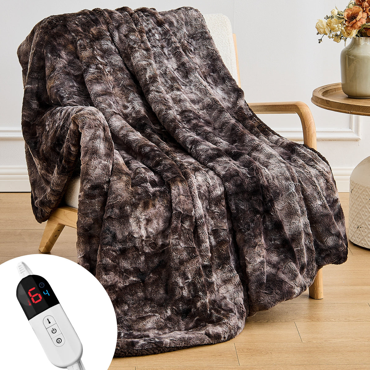 Dhole Heated Blanket Electric Throw - 50"x60" Heating Blanket Throw 4 Hours Auto-Off 6 Heat Level Over-Heat Protection Luxury Faux Fur Sherpa ETL Certification