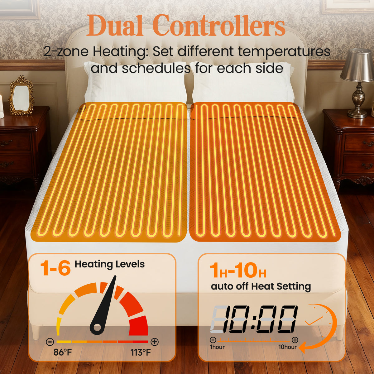 Dhole Heated Mattress Pad, Dual Control Electric Bed Warmer, 6 Heat Levels, 1-10H Auto Shut Off with Preheat & LED Controller