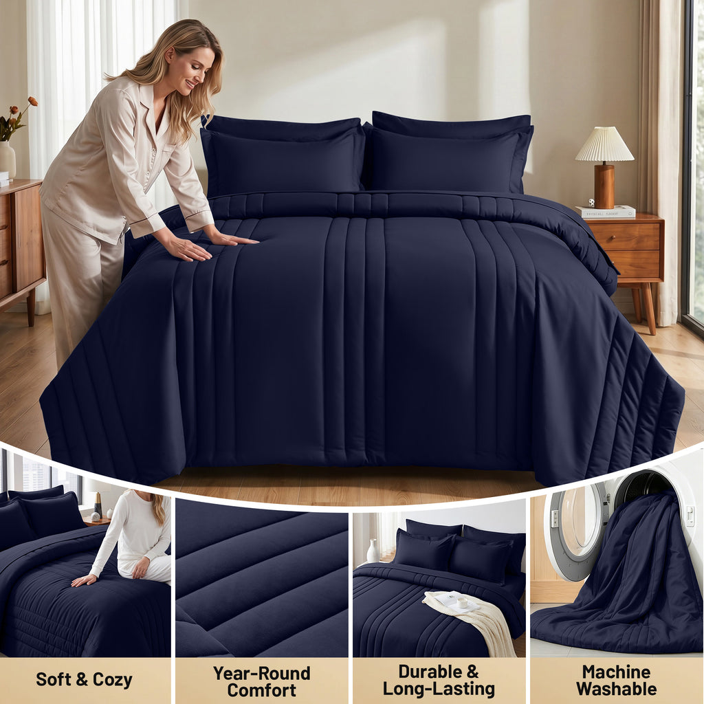 Dhole 7-Piece Bed in Bag - Striped Comforter Sets, Pillowcases & Sheet Collection for Cozy Bedding Sets