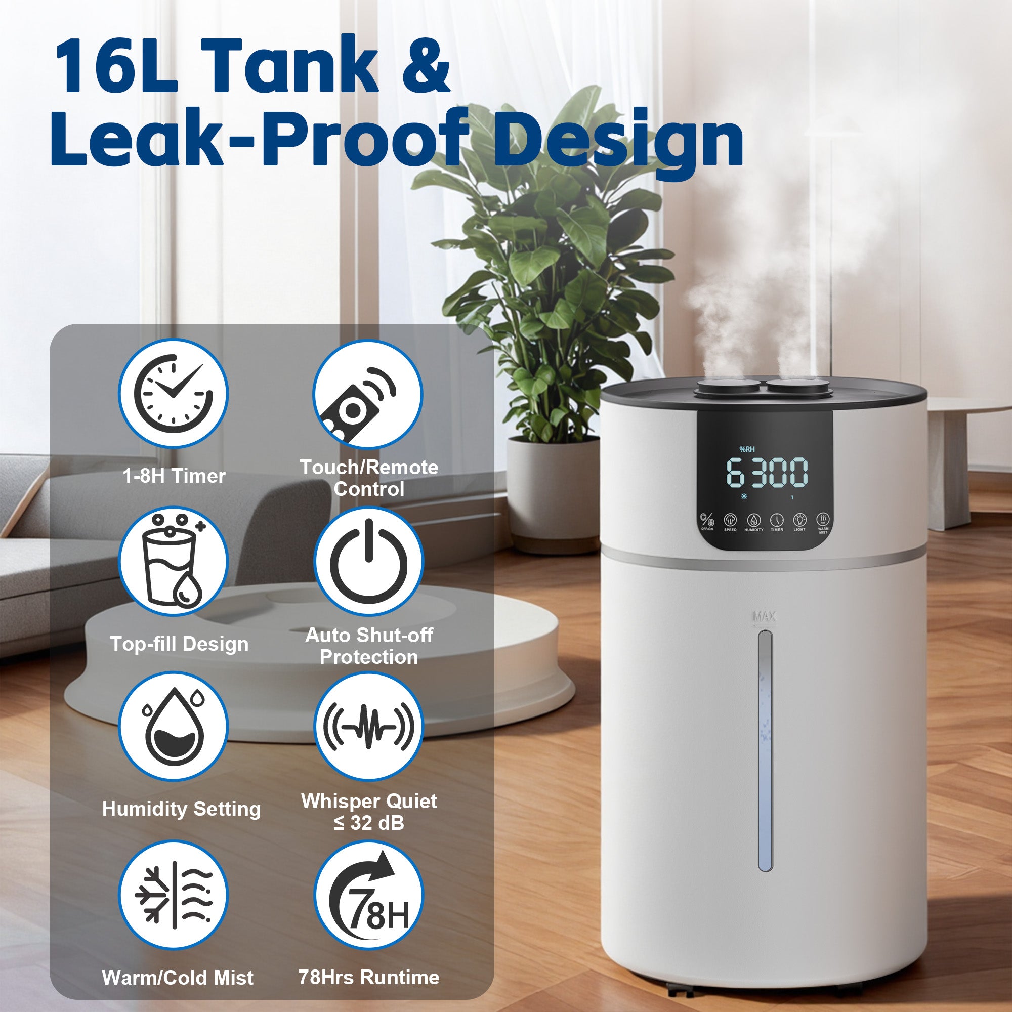 Dhole 16L Large Room Whole House Dual Mist Output Warm Mist Humidifier
