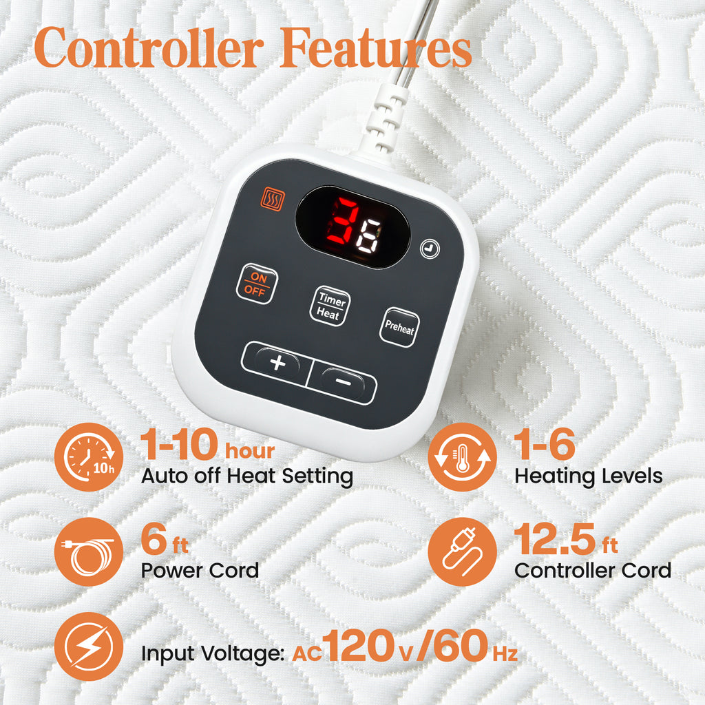 Dhole Heated Mattress Pad, Dual Control Electric Bed Warmer, 6 Heat Levels, 1-10H Auto Shut Off with Preheat & LED Controller