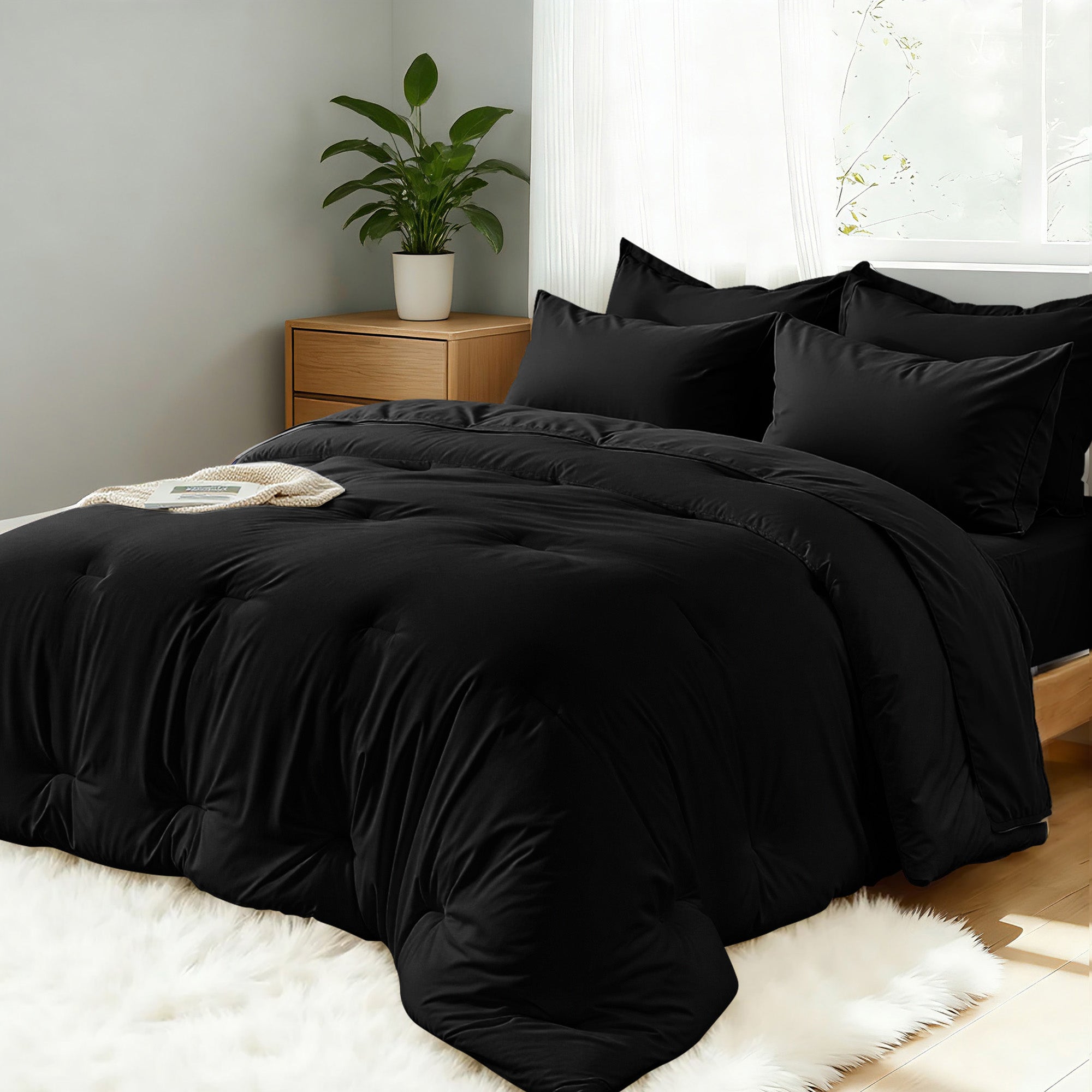 Dhole 7-Piece Bed Sheet Set - Queen Size Comforter, Pillowcases & Sheet Collection for Cozy Bedding Comfort Black