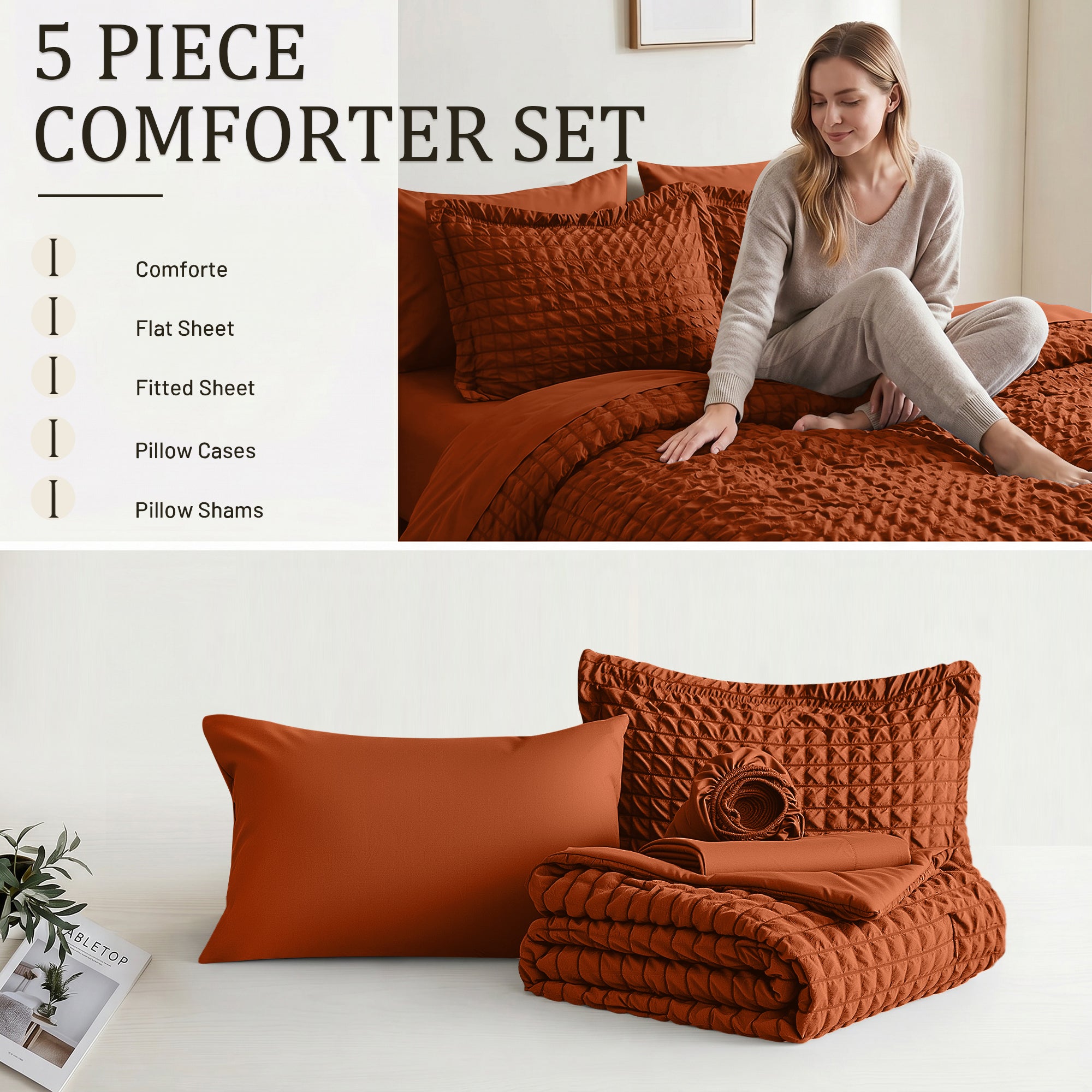 DHOLE Comforter Set 7 Pieces – Seersucker Textured Waffle Weave Bed in a Bag, All-Season Lightweight Microfiber Bedding Sets with Sheets & Pillow Shams