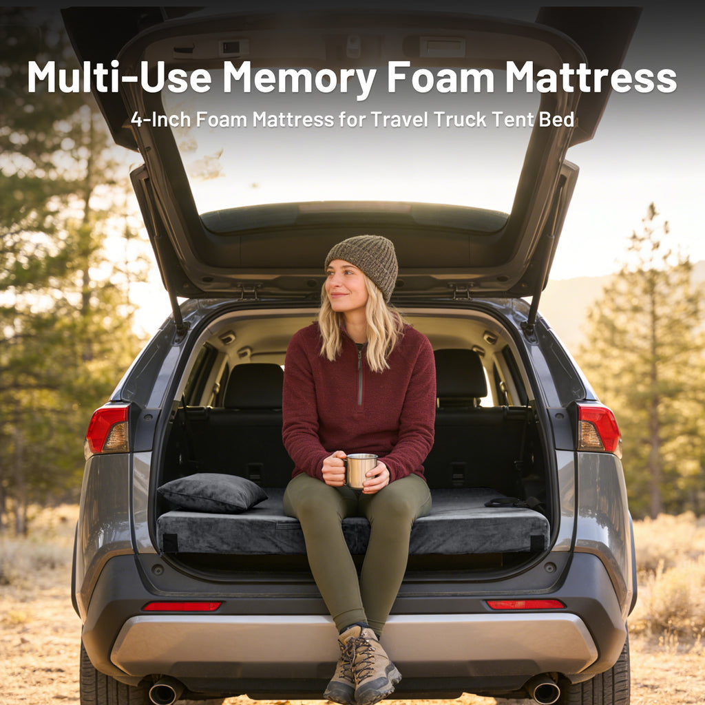 DHOLE 4 Inch Gel Memory Foam Camping Mattress, CertiPUR-US Certified Thick Sleeping Pad, Waterproof & Soft Fleece Top, Portable Roll-Up Mat with Multi-Function Storage Bag & Pillow for Tent Camping