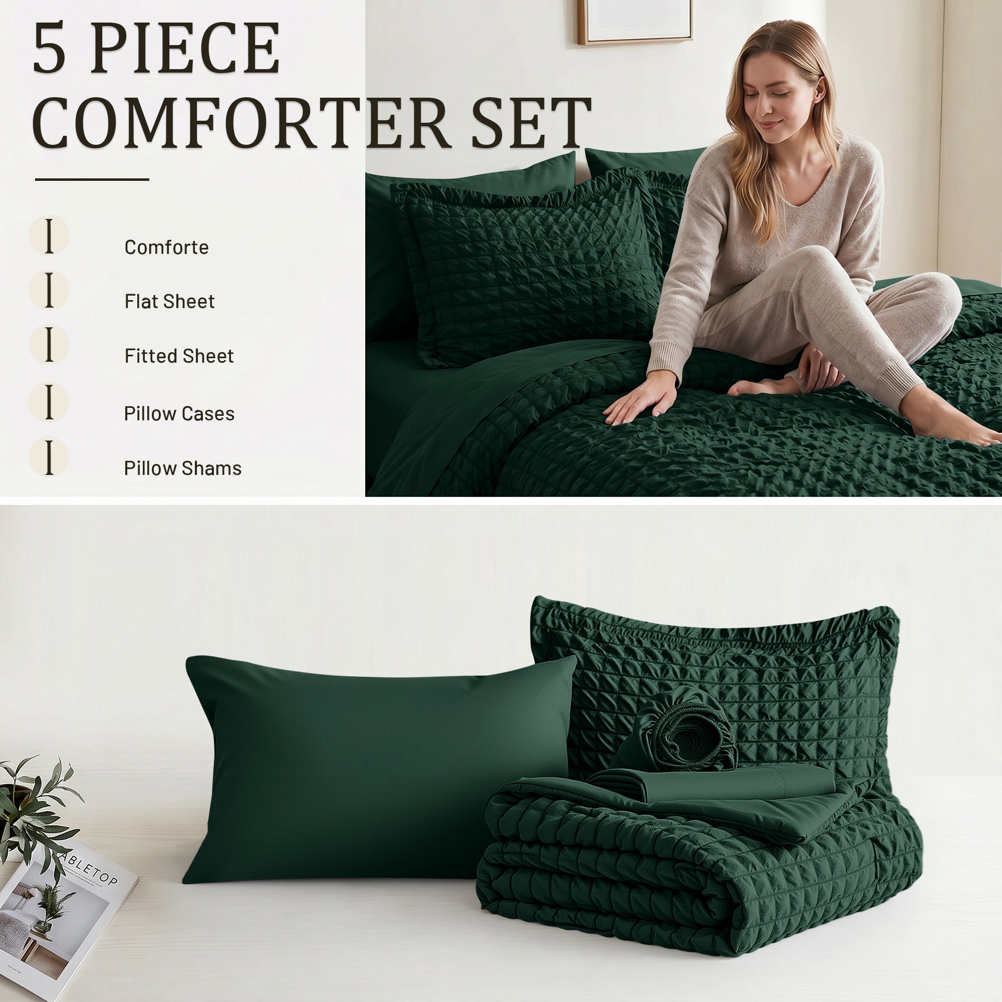 DHOLE Comforter Set 7 Pieces – Seersucker Textured Waffle Weave Bed in a Bag, All-Season Lightweight Microfiber Bedding Sets with Sheets & Pillow Shams