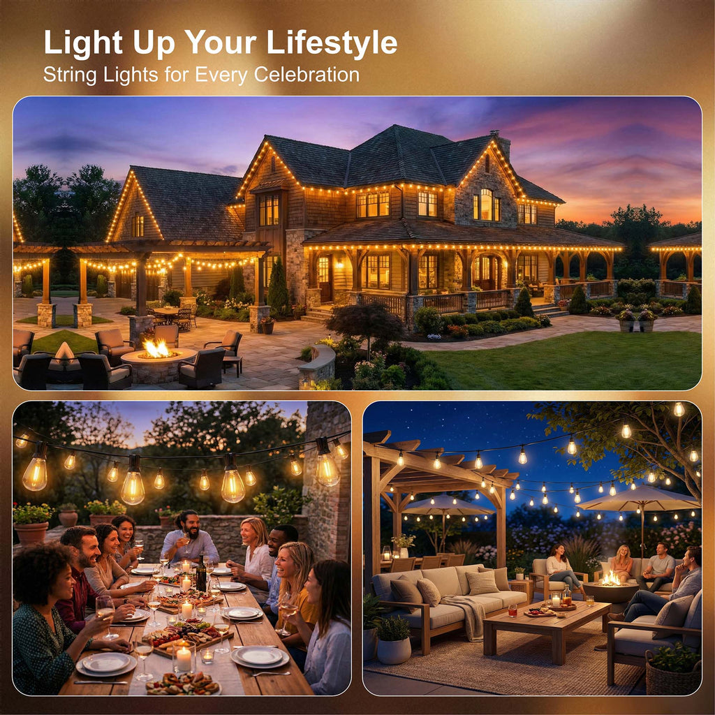 Mylorn 110FT LED Outdoor String Lights, 50+2 S14 Shatterproof Bulbs, 2FT Spacing, 2700K Dimmable Warm White, IP65 Waterproof, Connectable Patio Garden Porch Deck Decor