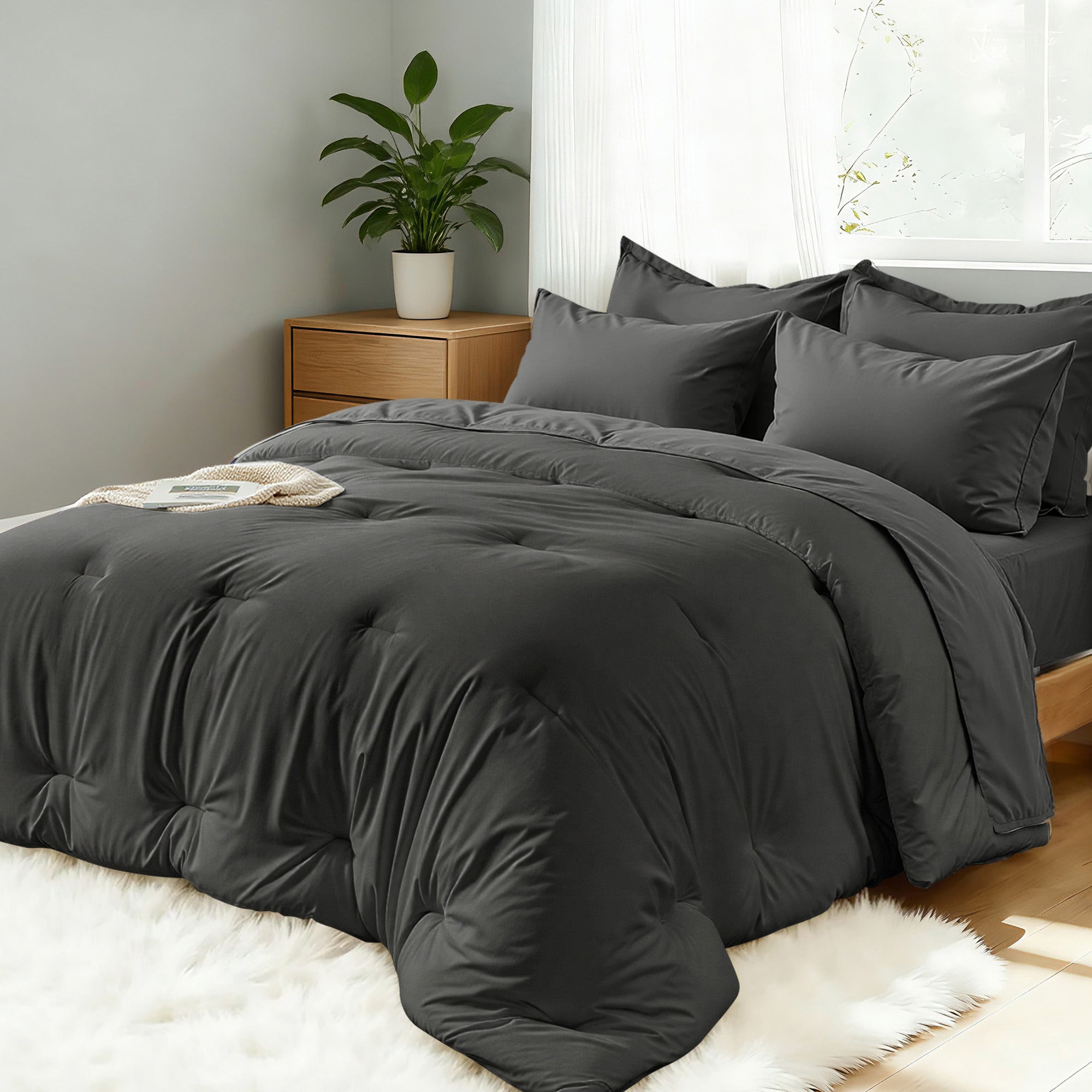 Dhole 7-Piece Bed Sheet Set - Queen Size Comforter, Pillowcases & Sheet Collection for Cozy Bedding Comfort Black