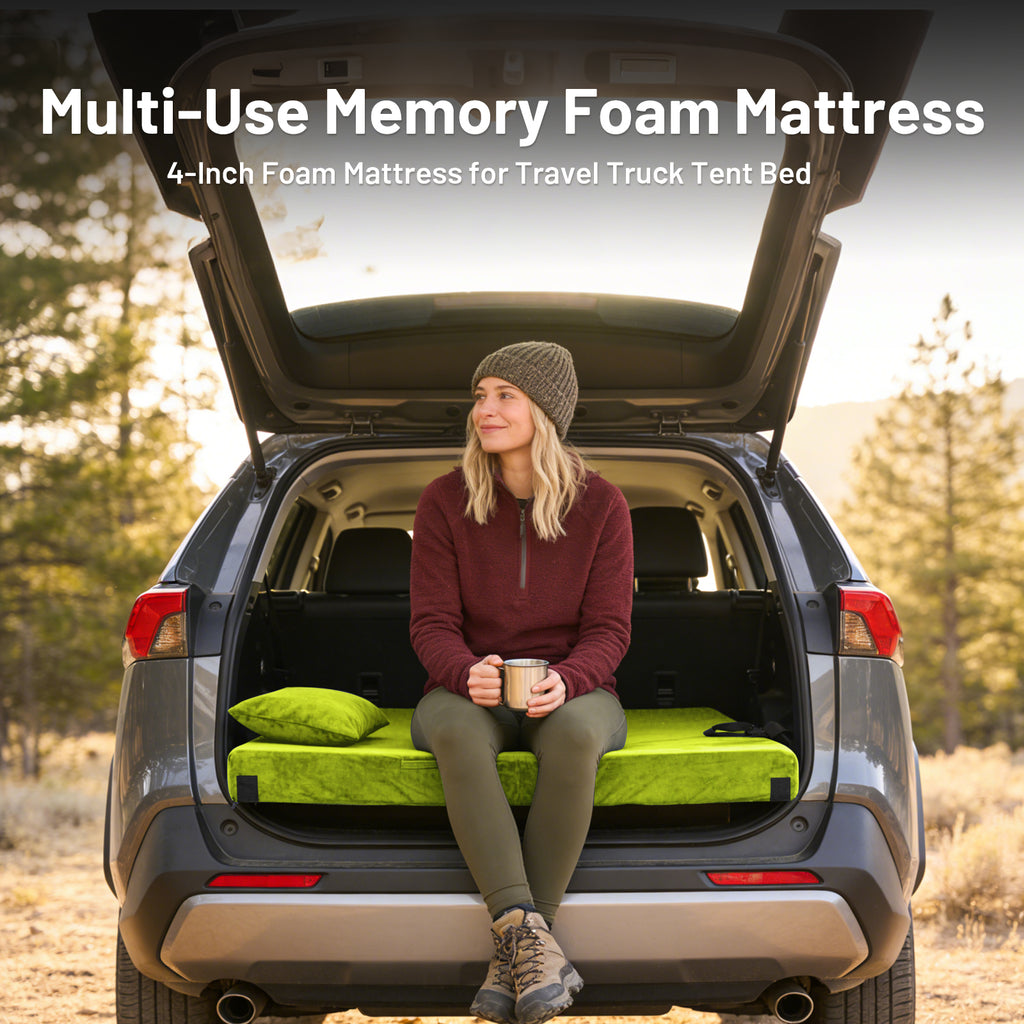 DHOLE 4 Inch Gel Memory Foam Camping Mattress, CertiPUR-US Certified Thick Sleeping Pad, Waterproof & Soft Fleece Top, Portable Roll-Up Mat with Multi-Function Storage Bag & Pillow for Tent Camping