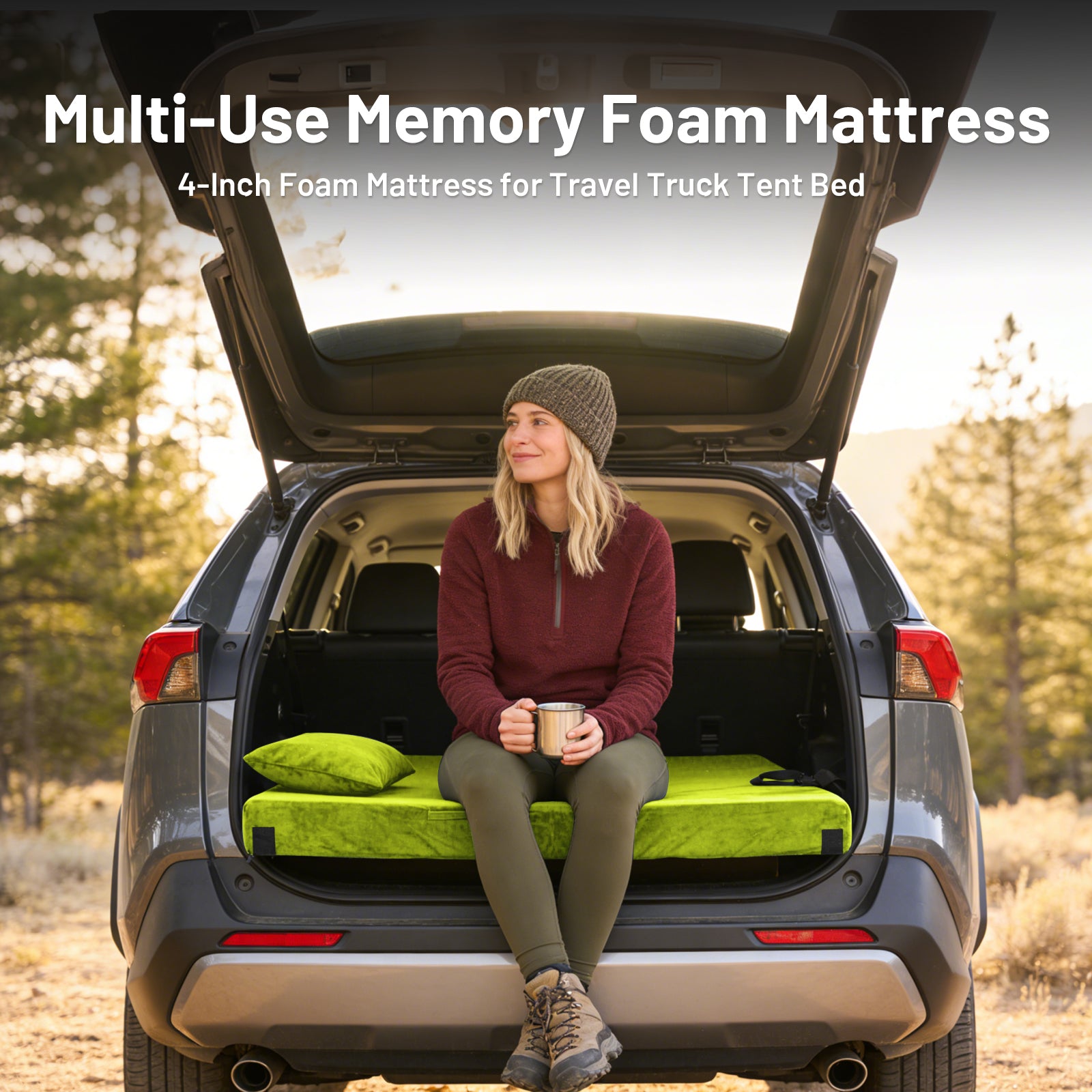 DHOLE 4 Inch Gel Memory Foam Camping Mattress, CertiPUR-US Certified Thick Sleeping Pad, Waterproof & Soft Fleece Top, Portable Roll-Up Mat with Multi-Function Storage Bag & Pillow for Tent Camping
