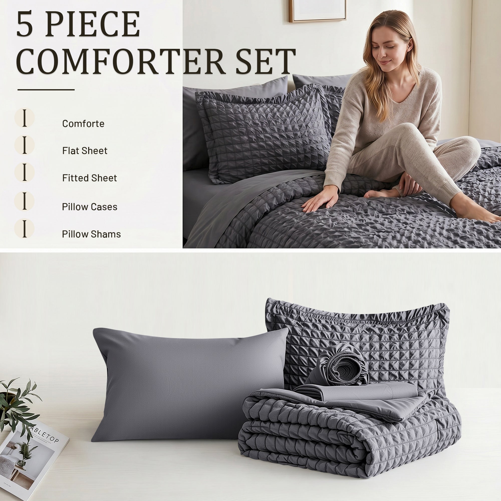 DHOLE Comforter Set 7 Pieces – Seersucker Textured Waffle Weave Bed in a Bag, All-Season Lightweight Microfiber Bedding Sets with Sheets & Pillow Shams
