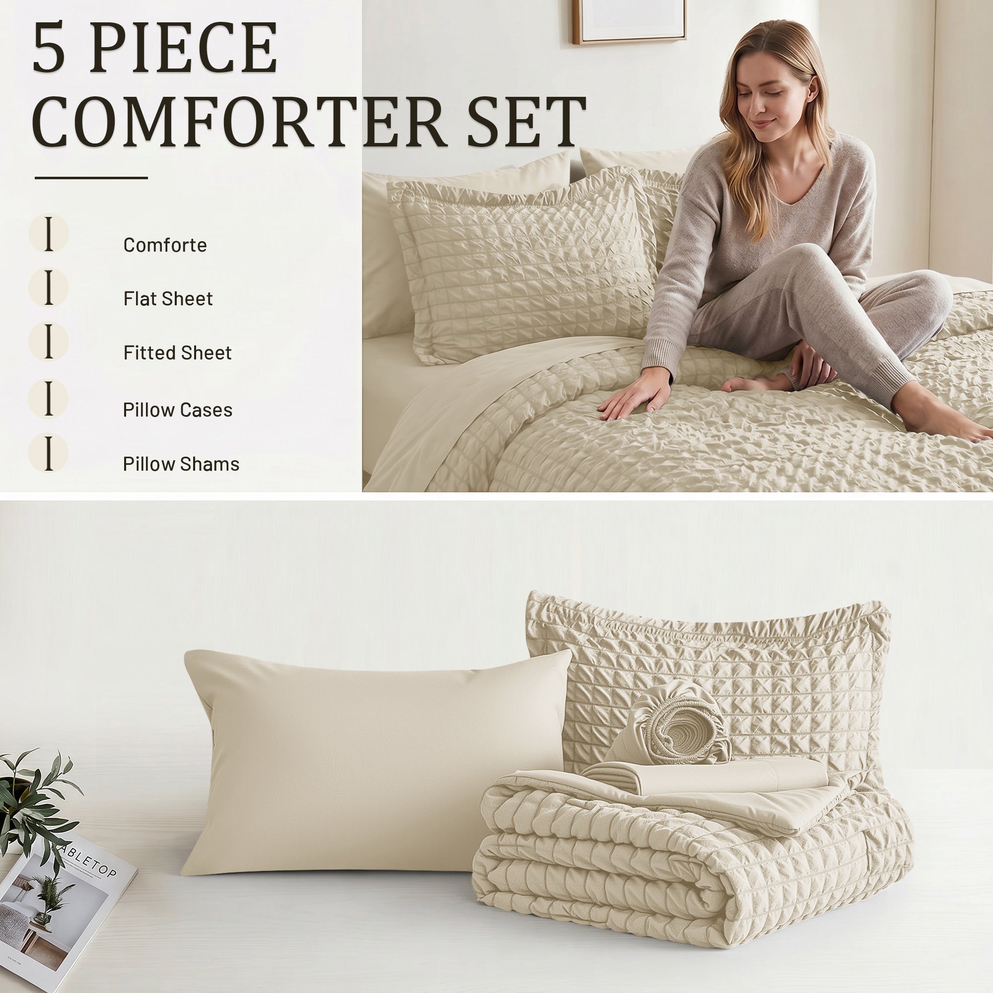 DHOLE Comforter Set 7 Pieces – Seersucker Textured Waffle Weave Bed in a Bag, All-Season Lightweight Microfiber Bedding Sets with Sheets & Pillow Shams