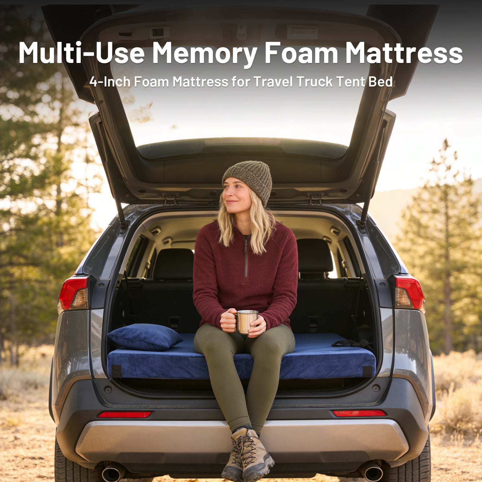 DHOLE 4 Inch Gel Memory Foam Camping Mattress, CertiPUR-US Certified Thick Sleeping Pad, Waterproof & Soft Fleece Top, Portable Roll-Up Mat with Multi-Function Storage Bag & Pillow for Tent Camping